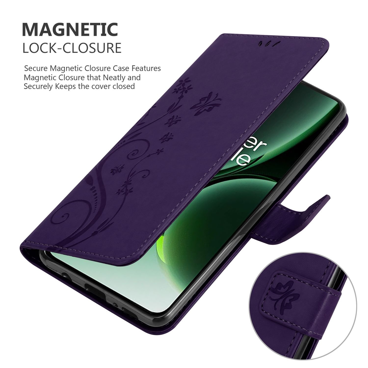Custodia per telefono viola con design floreale. Il telefono è dentro. La custodia è aperta.