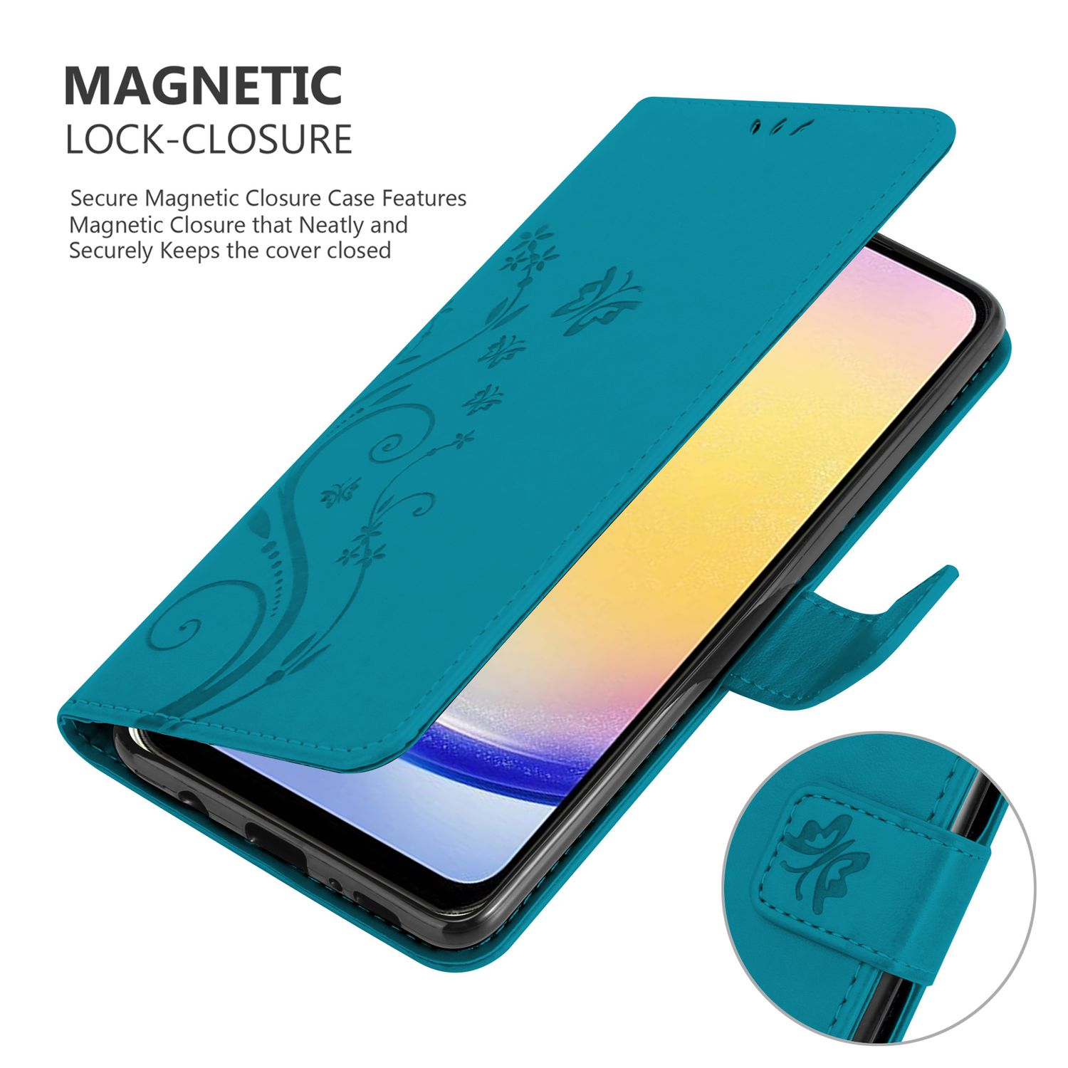 Custodia per telefono turchese, design floreale, cover aperta. Mostra il telefono all'interno, con dettaglio di chiusura magnetica.