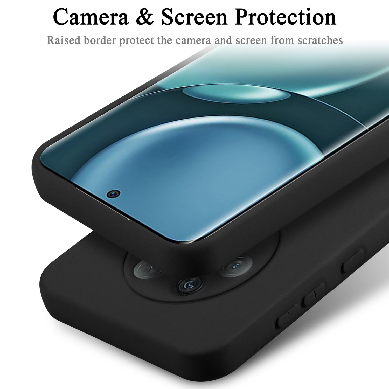 Custodia nera per telefono che protegge fotocamera e schermo, vista ravvicinata.