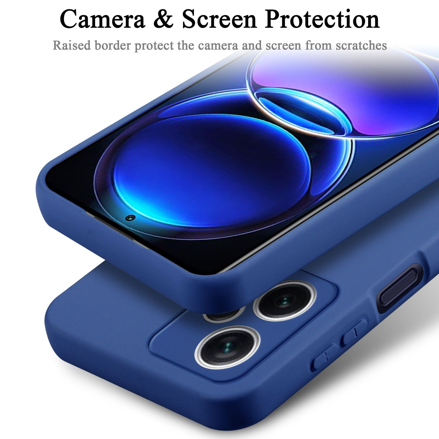 Nahaufnahme einer blauen Handyhülle mit einem Telefon oben drauf. Das Telefon hat einen Displayschutz.