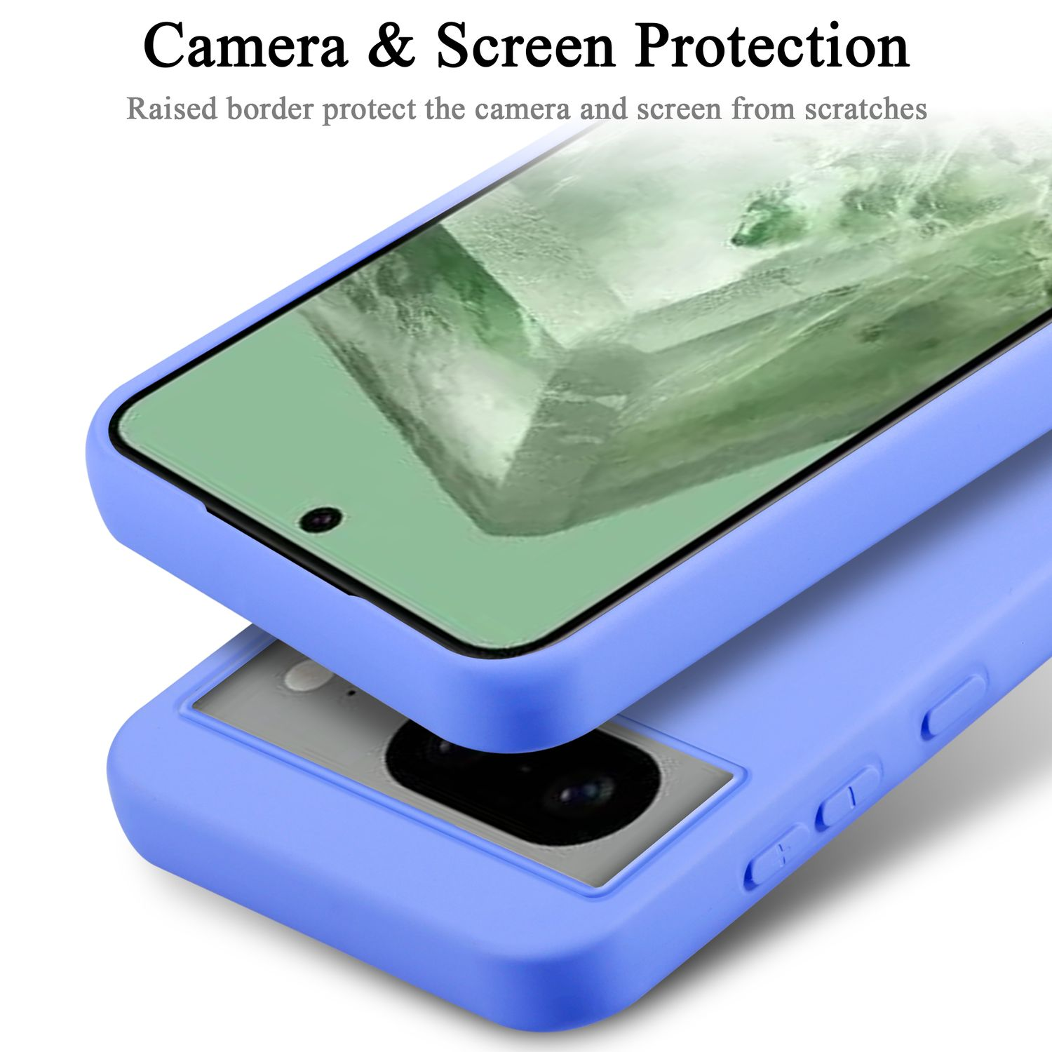 Eine hellblaue Handyhülle schützt ein Telefon. Die Hülle hat einen erhöhten Rand für Kamera und Bildschirm.