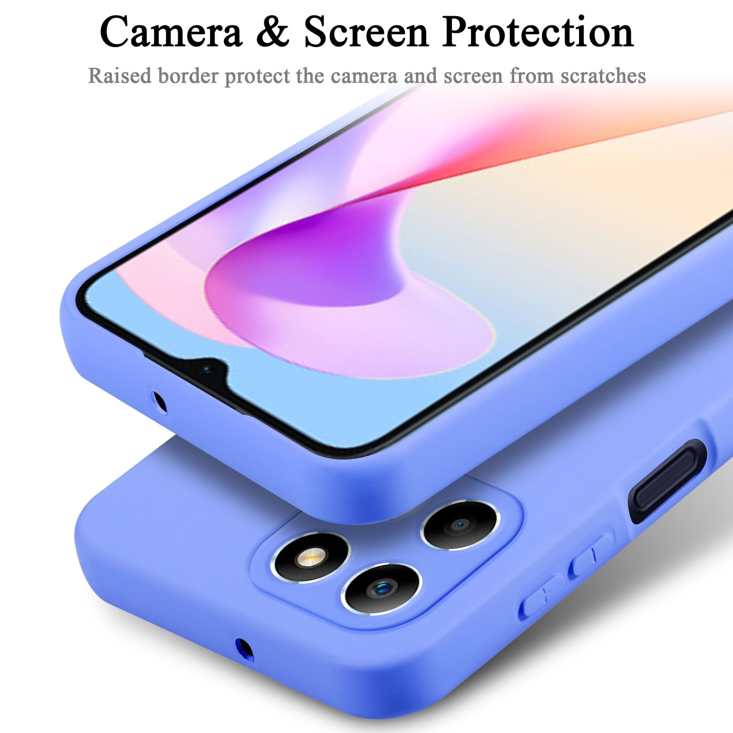 Blaue Handyhülle mit Telefon. Erhöhter Rand schützt Kamera und Bildschirm. Nahaufnahme.