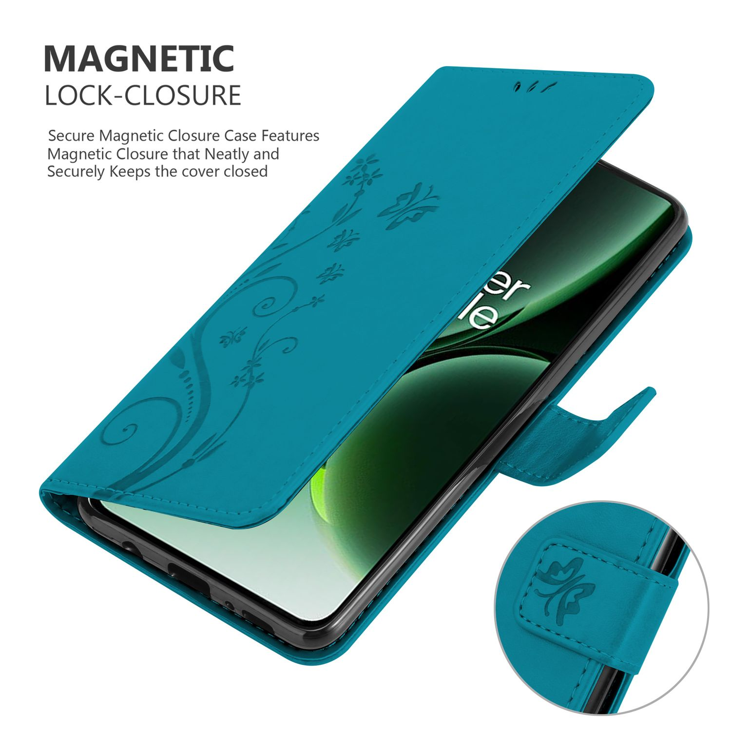 Custodia per telefono turchese con design floreale e chiusura magnetica. Protegge il telefono.