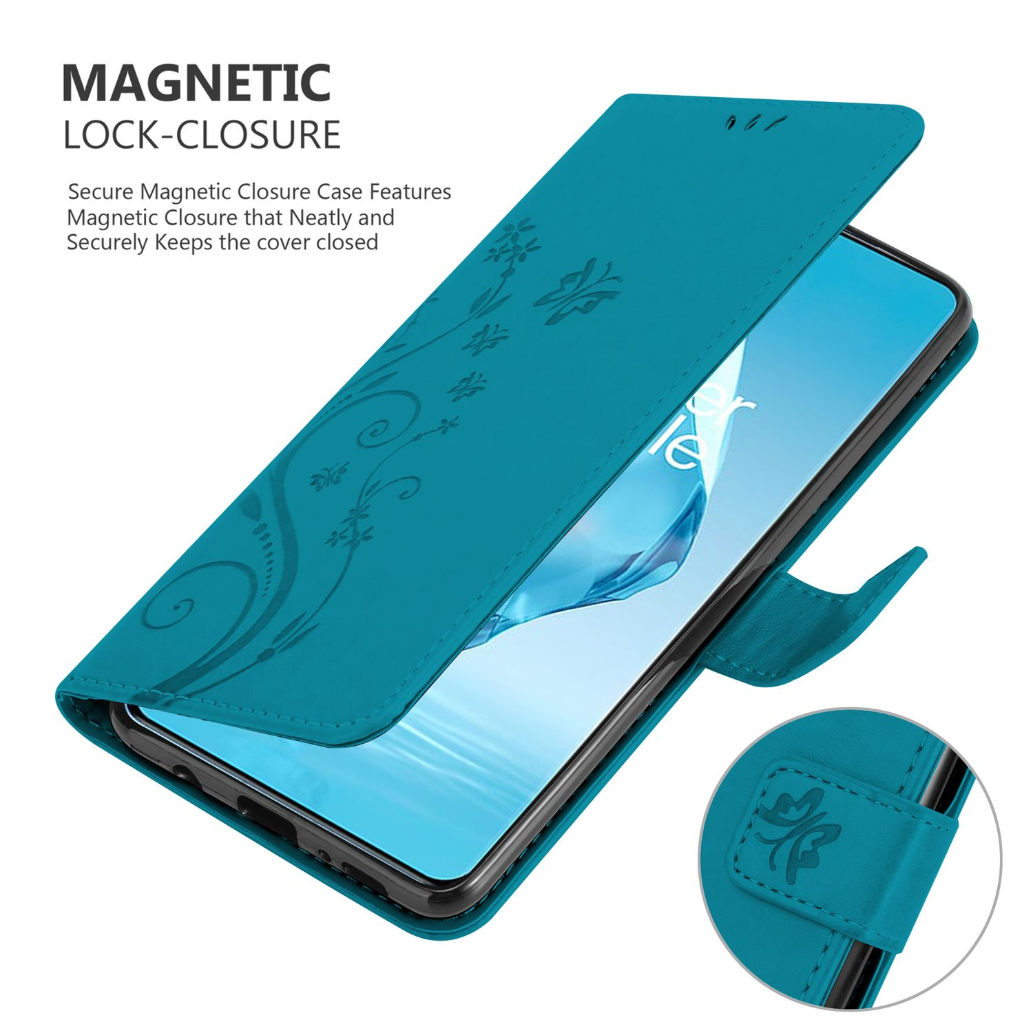 Custodia per telefono turchese con un design floreale, aperta per mostrare lo schermo del telefono.