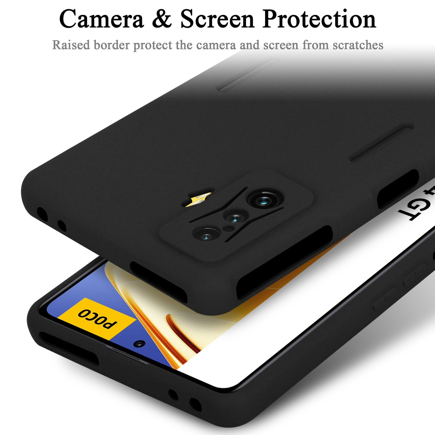 Custodia per telefono nera, impilata con un'altra, che mostra le funzioni di protezione della fotocamera e dello schermo.