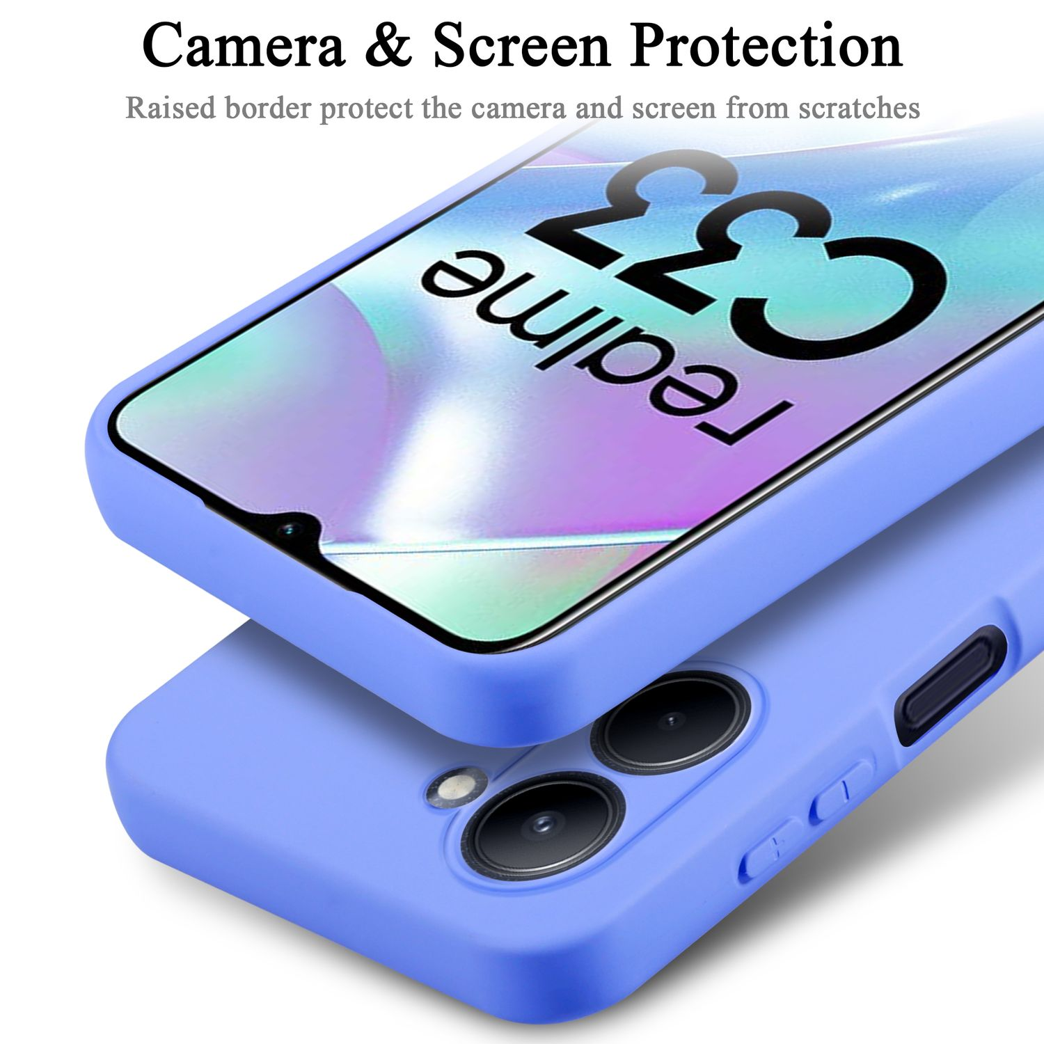 Una custodia blu per telefono su una superficie bianca. Il telefono è coperto da una protezione per lo schermo trasparente.