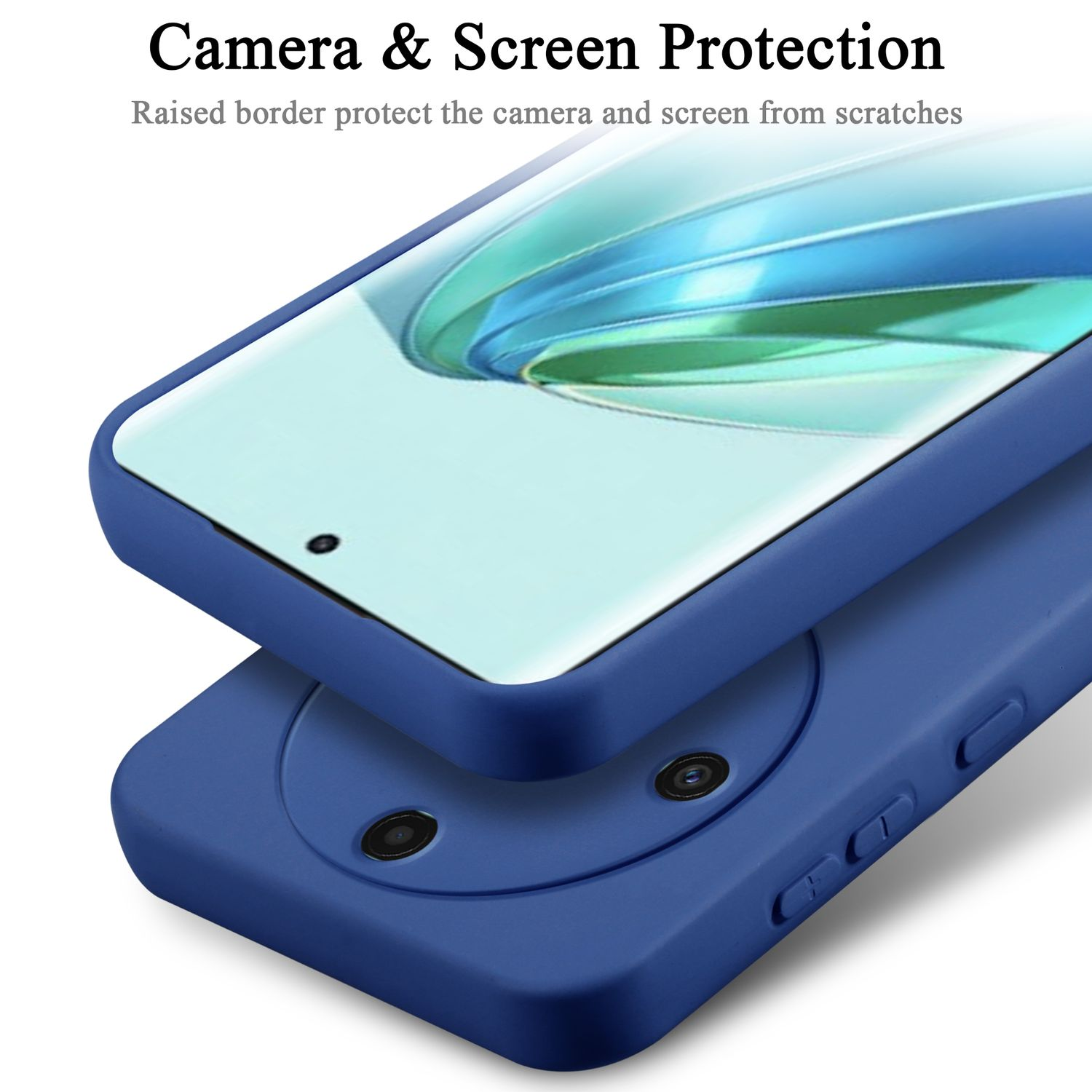 Custodia per telefono blu con protezione schermo applicata, che mostra la protezione della fotocamera e dello schermo.