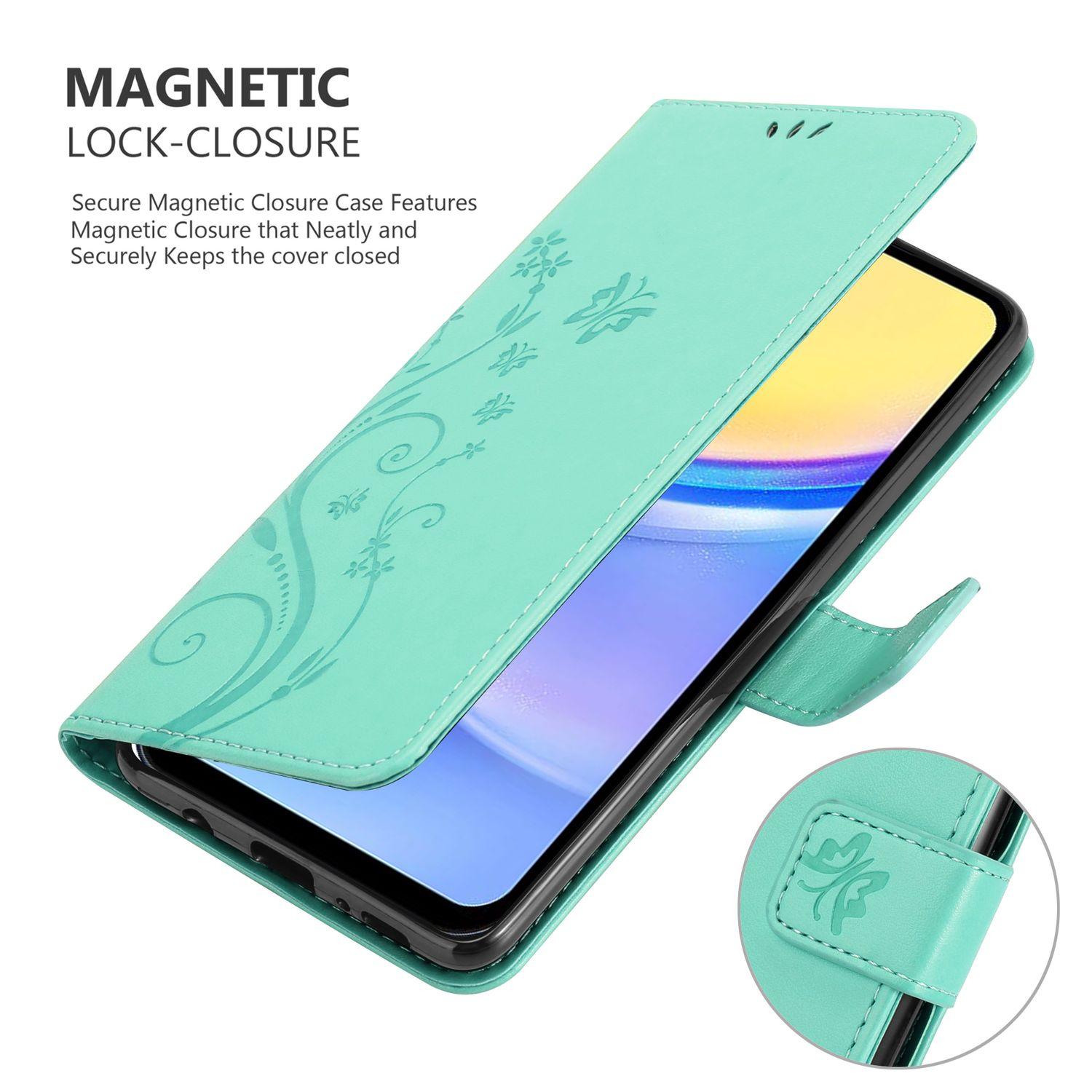 Una custodia turchese aperta, che mostra un telefono. Ha una chiusura magnetica.