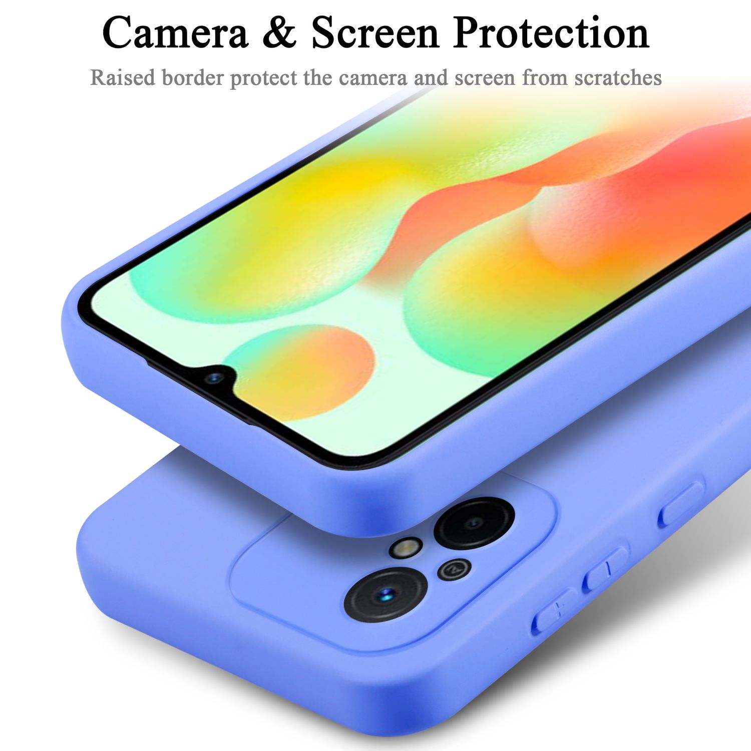Primo piano di una custodia blu che protegge la fotocamera e lo schermo del telefono.