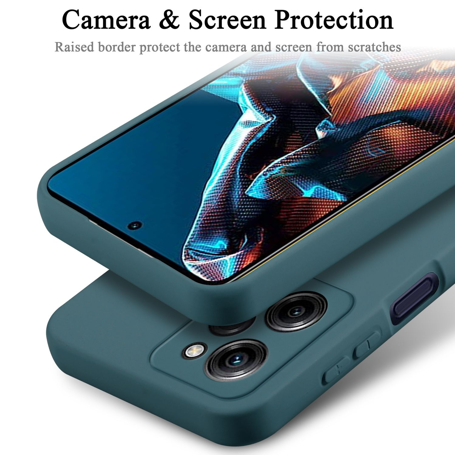 Un telefono in una custodia verde acqua con fotocamera e protezione schermo.