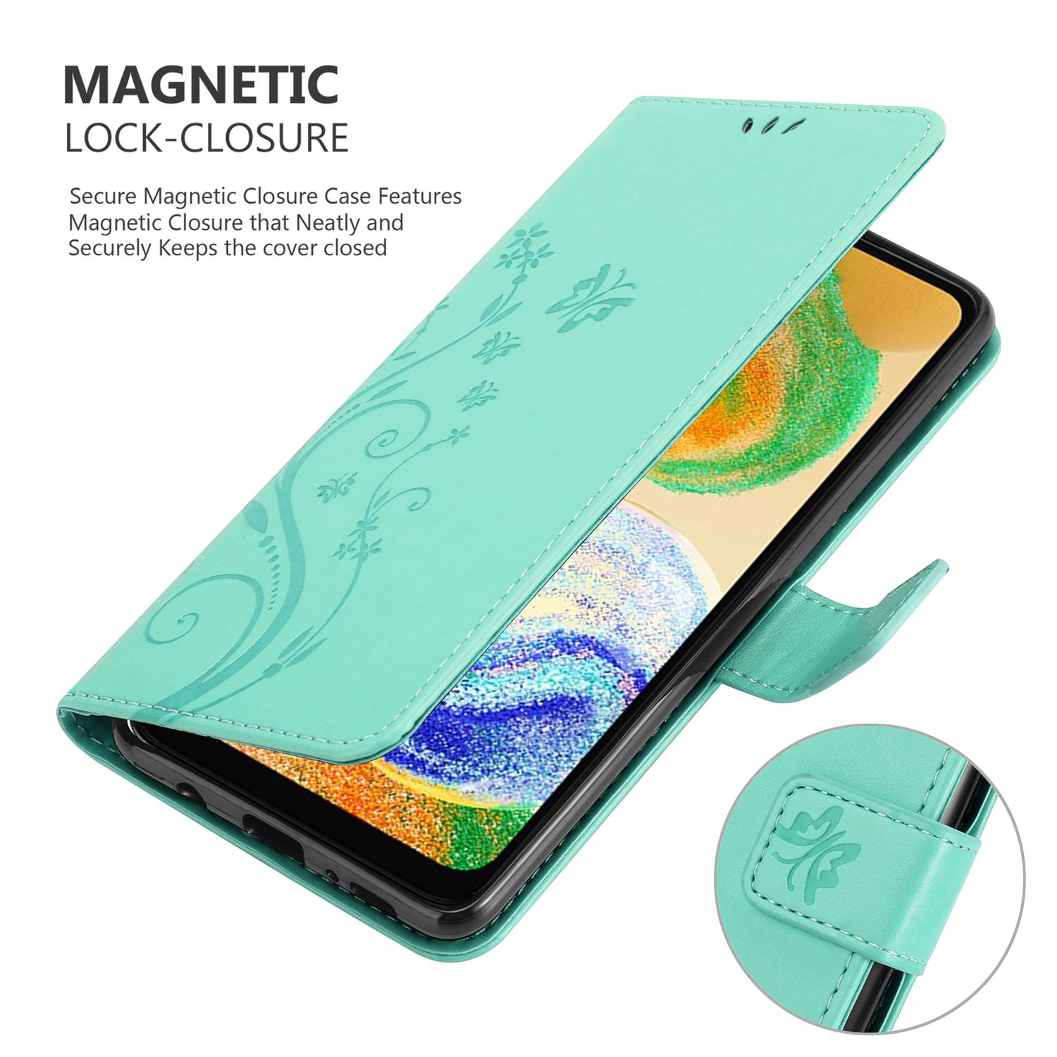 Una custodia per telefono verde acqua aperta per rivelare un telefono. Design floreale e chiusura magnetica.