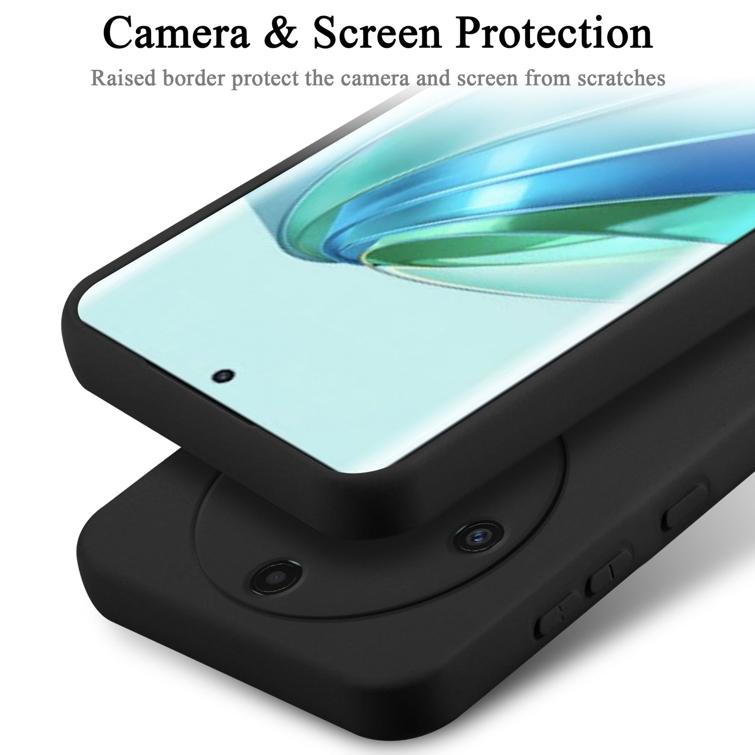 Custodia nera per telefono con telefono all'interno. La custodia protegge la fotocamera e lo schermo.