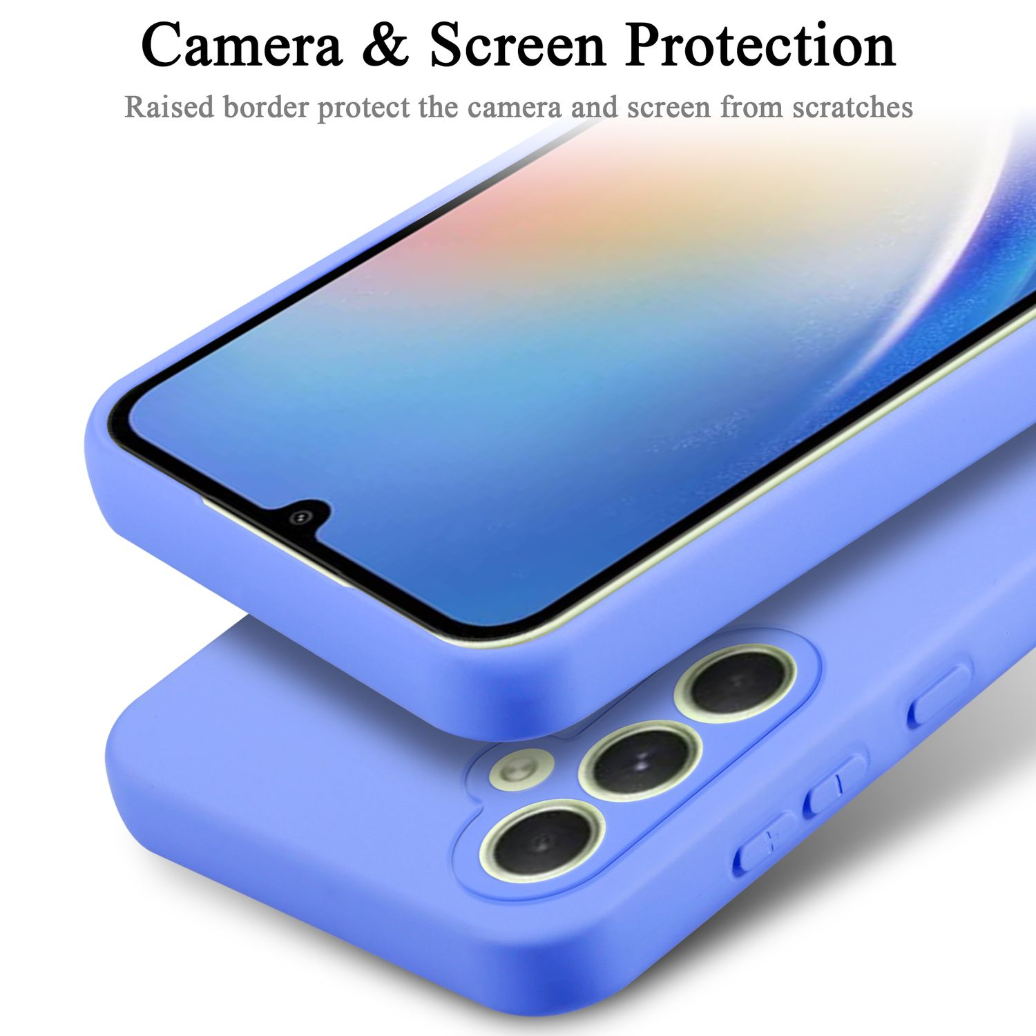 Lila Handyhülle auf einem lila Handy, mit blauem Bildschirm. Titel: Kamera- und Bildschirmschutz.