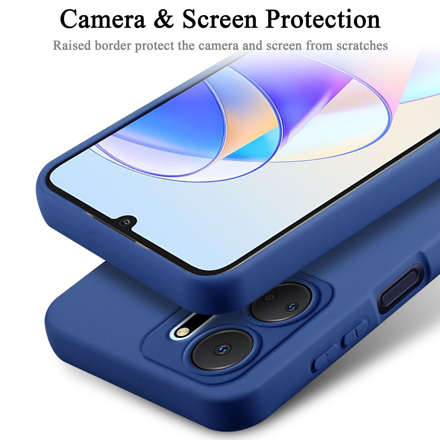Due custodie per telefoni blu scuro impilate. Quella superiore mostra lo schermo, quella inferiore la fotocamera.