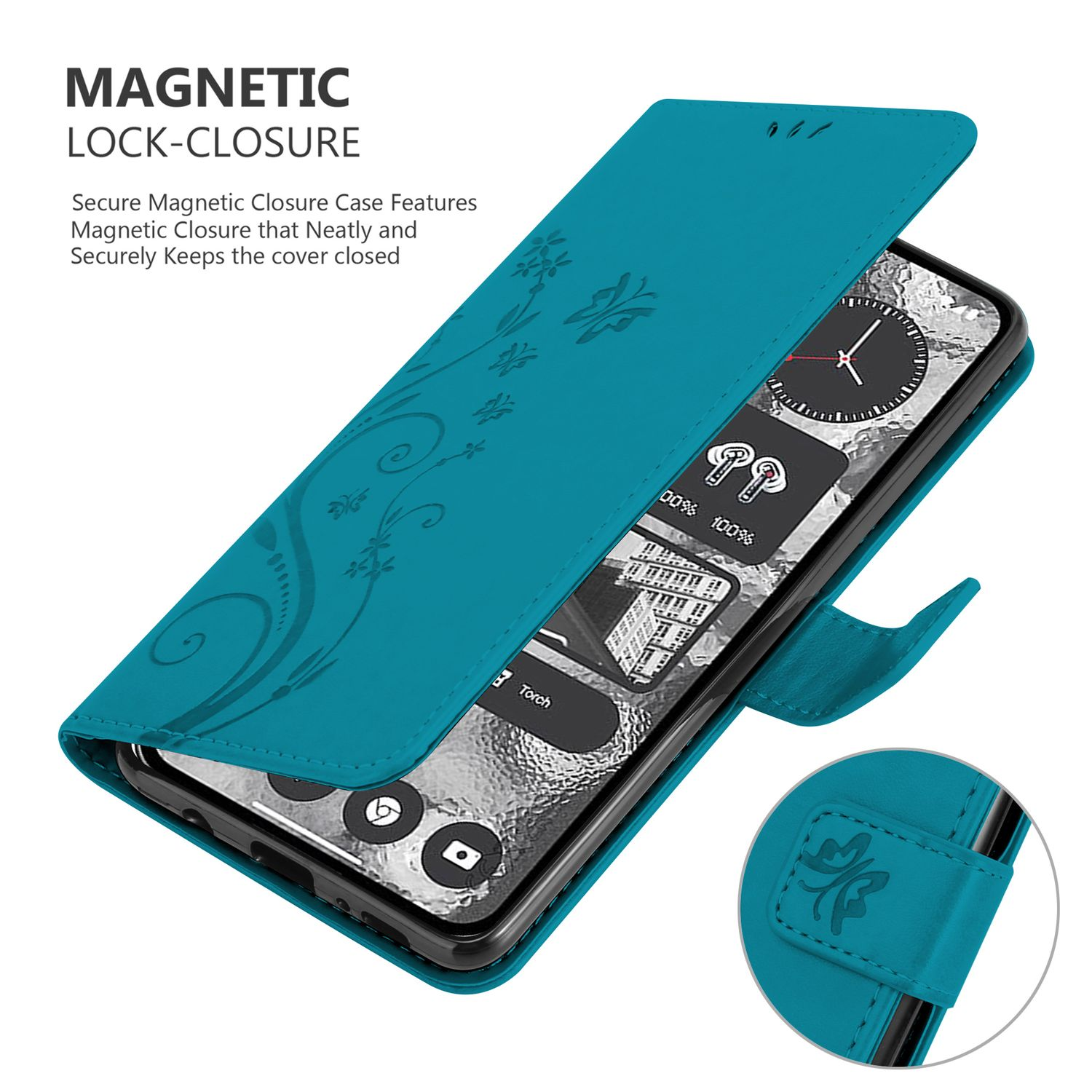Custodia per telefono turchese con design floreale su un telefono. Ha una chiusura magnetica.