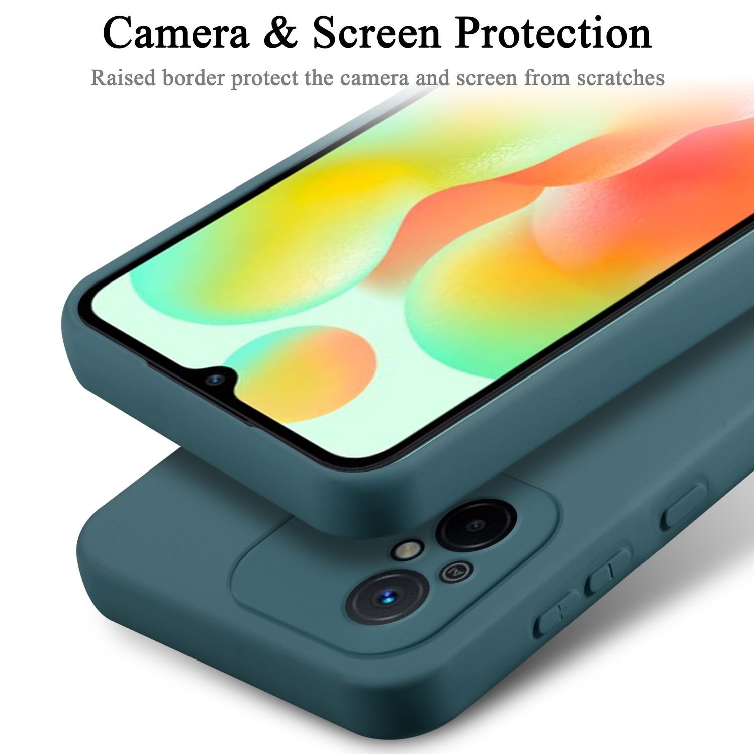 Una custodia verde scuro protegge un telefono. La custodia ha un bordo rialzato per la fotocamera.
