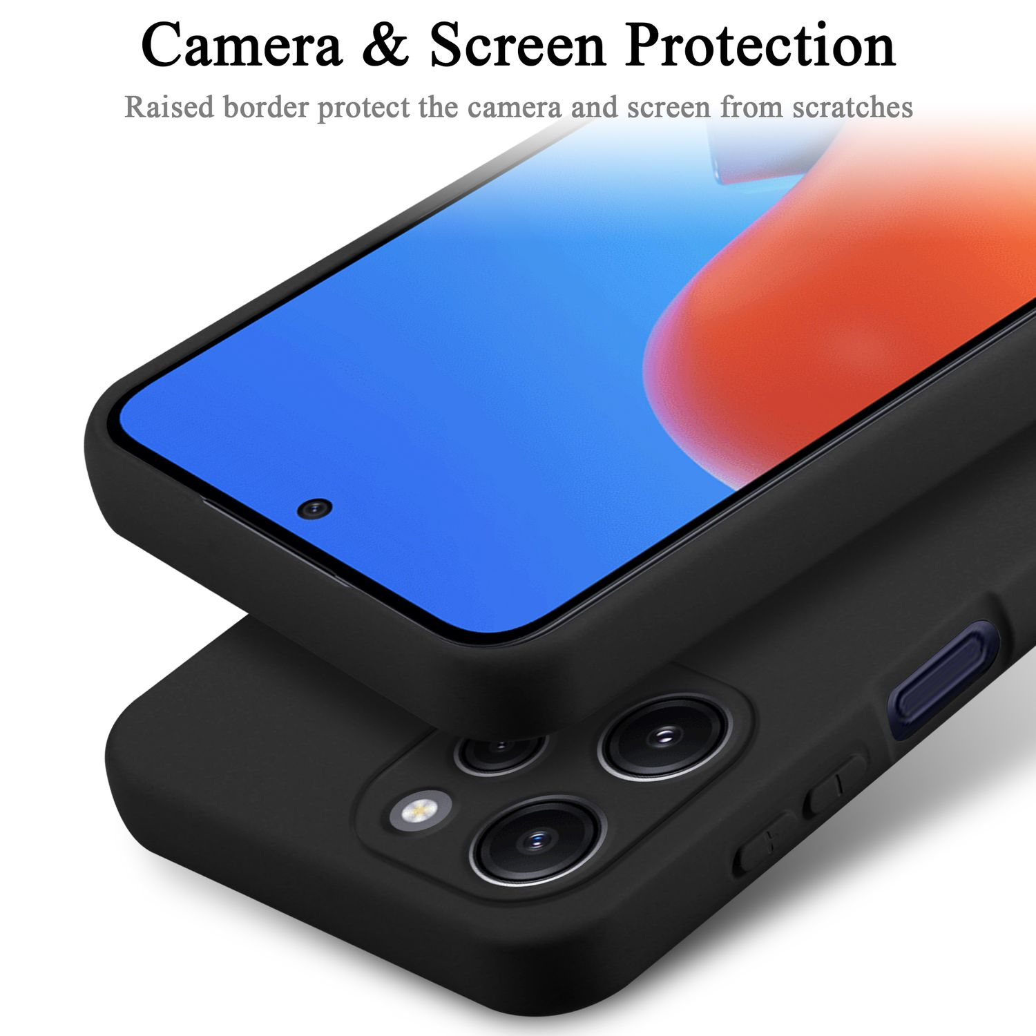 Custodia per telefono nera, impilate, con dettagli di protezione della fotocamera e dello schermo. Sfondo nero.