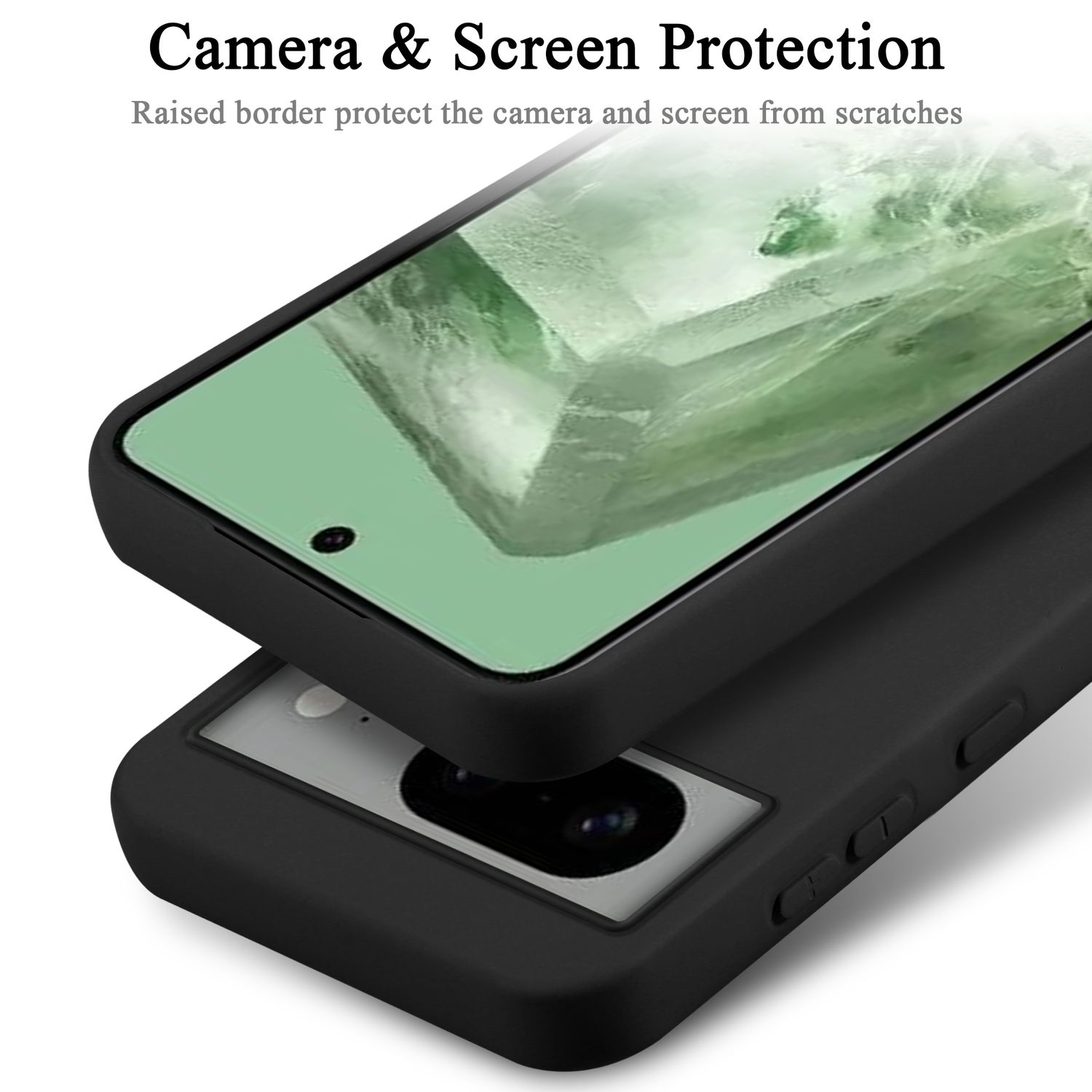 Una custodia nera protegge lo schermo e la fotocamera del telefono.