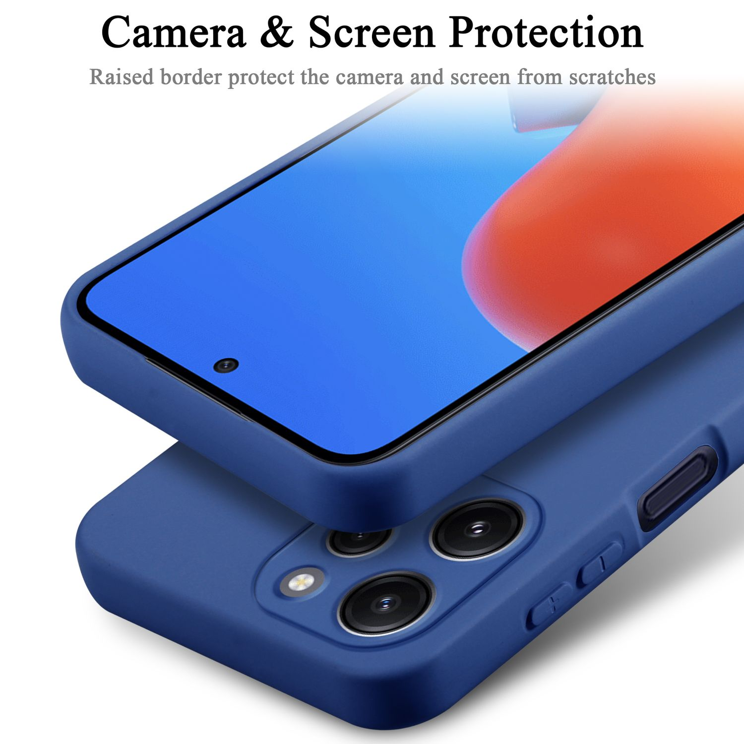 Primo piano di due custodie blu per telefono con protezione fotocamera e schermo.