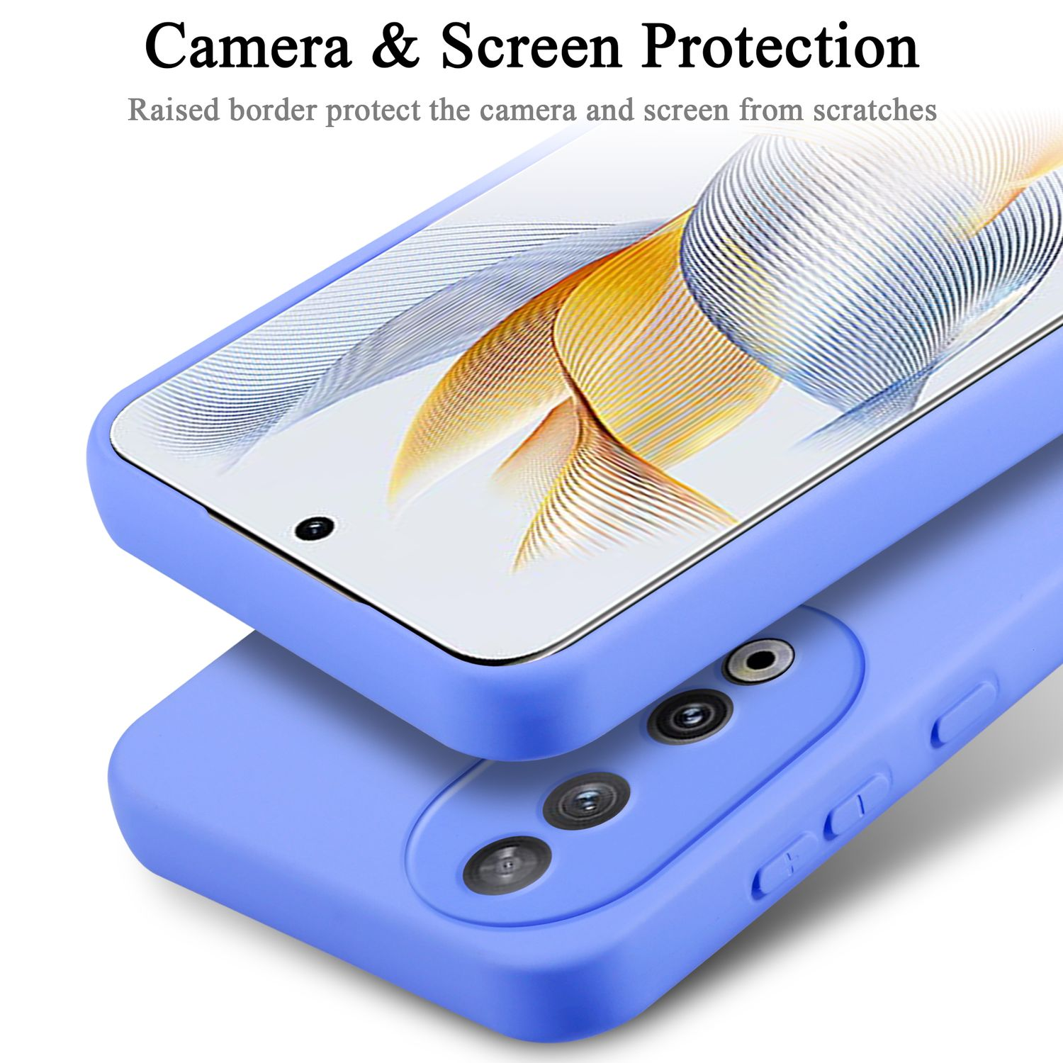 Due custodie per telefono blu impilate. La custodia superiore protegge la fotocamera e lo schermo. Testo: Protezione fotocamera e schermo.