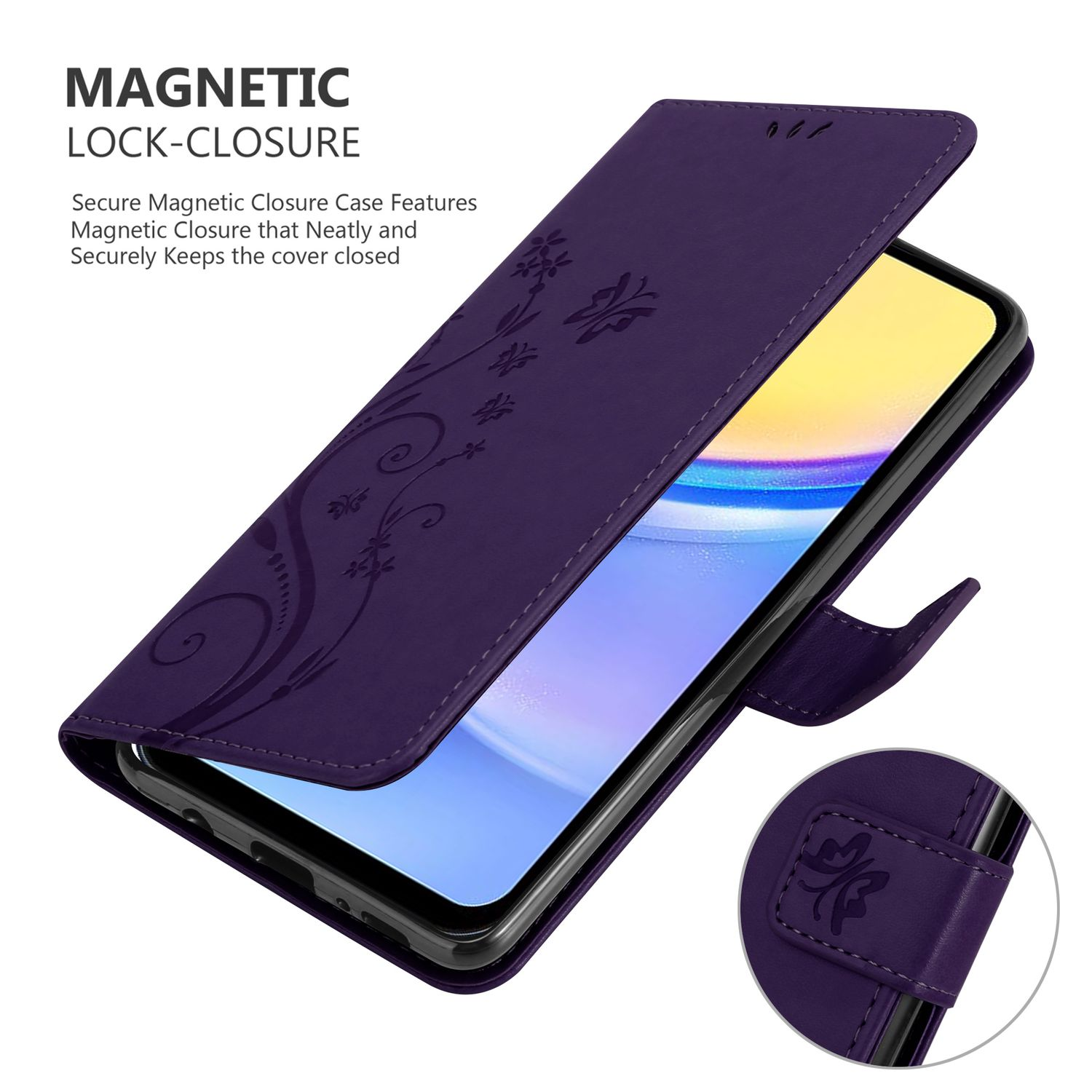 Una custodia per telefono viola con motivi floreali. Il telefono è aperto e lo schermo è visibile.