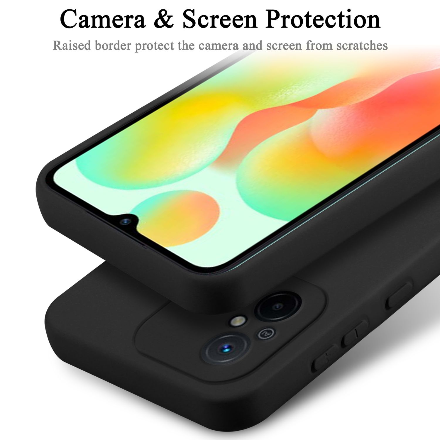 Custodia nera per telefono su sfondo bianco, bordo rialzato per la protezione della fotocamera. Lo schermo mostra un'immagine colorata.