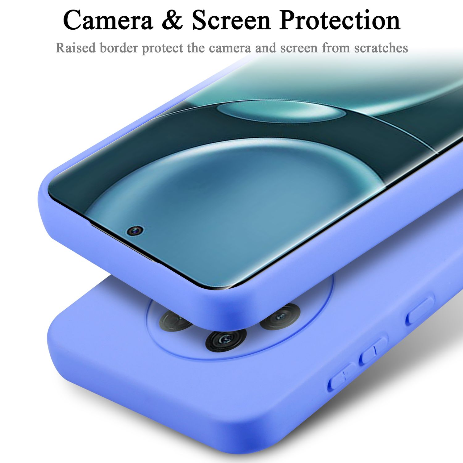Primo piano di un telefono con protezione schermo e custodia. Custodia blu.
