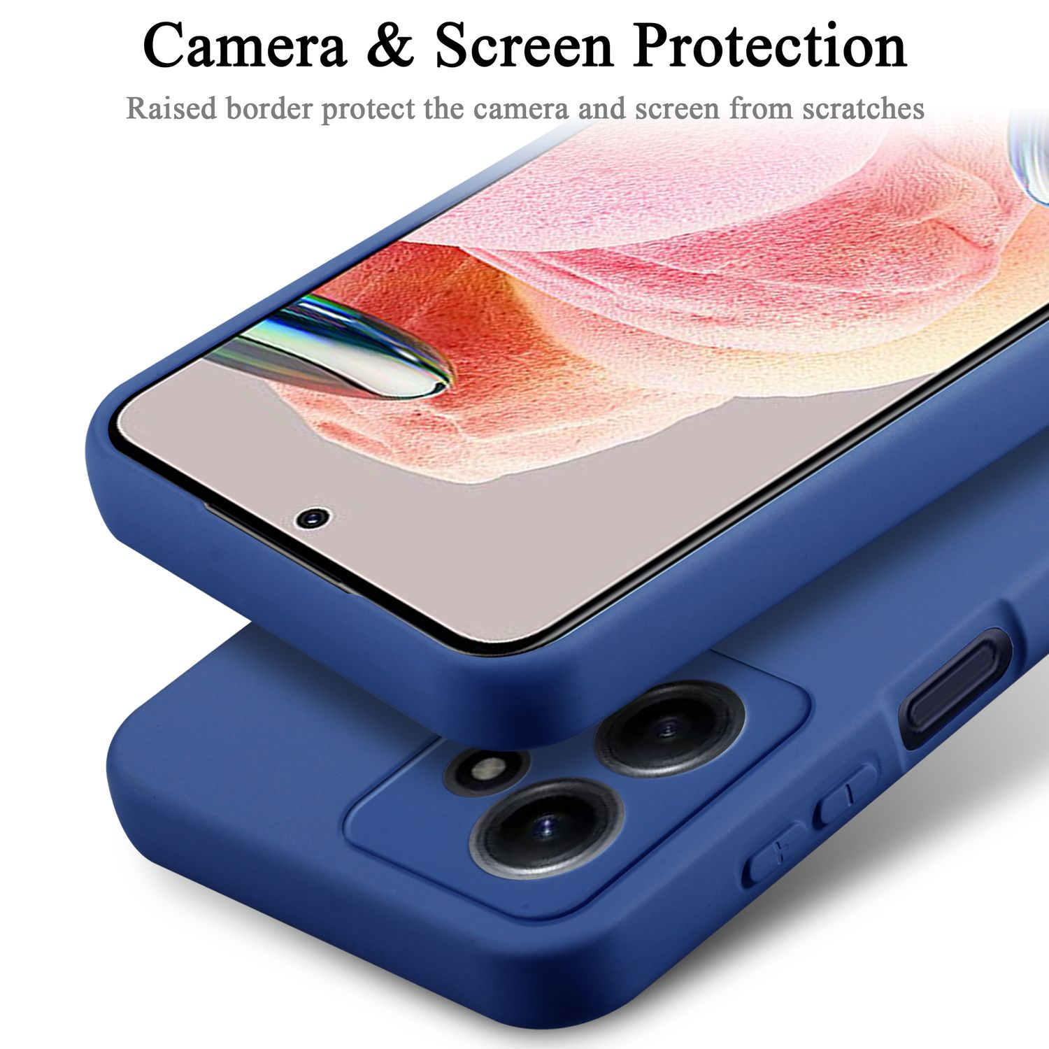 Un telefono in una custodia blu, con bordo rialzato e le parole Camera & Screen Protection.