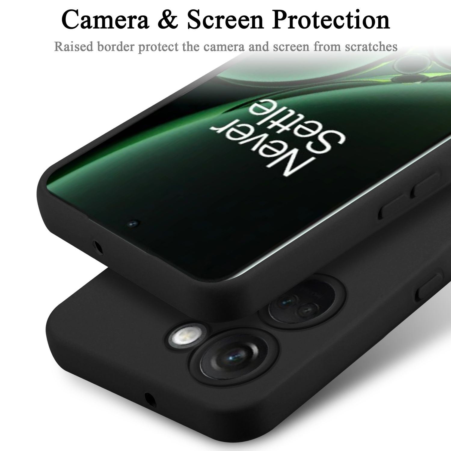 Schwarze Handyhülle mit einem Telefon. Das Telefon hat einen schwarzen Bildschirm und zwei Kameralinsen.