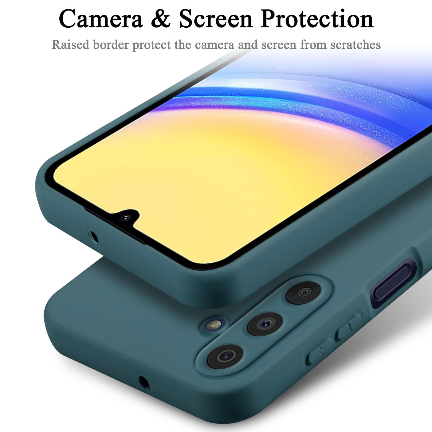 Due custodie per telefoni verde acqua impilate. Quella superiore mostra lo schermo, quella inferiore la fotocamera.