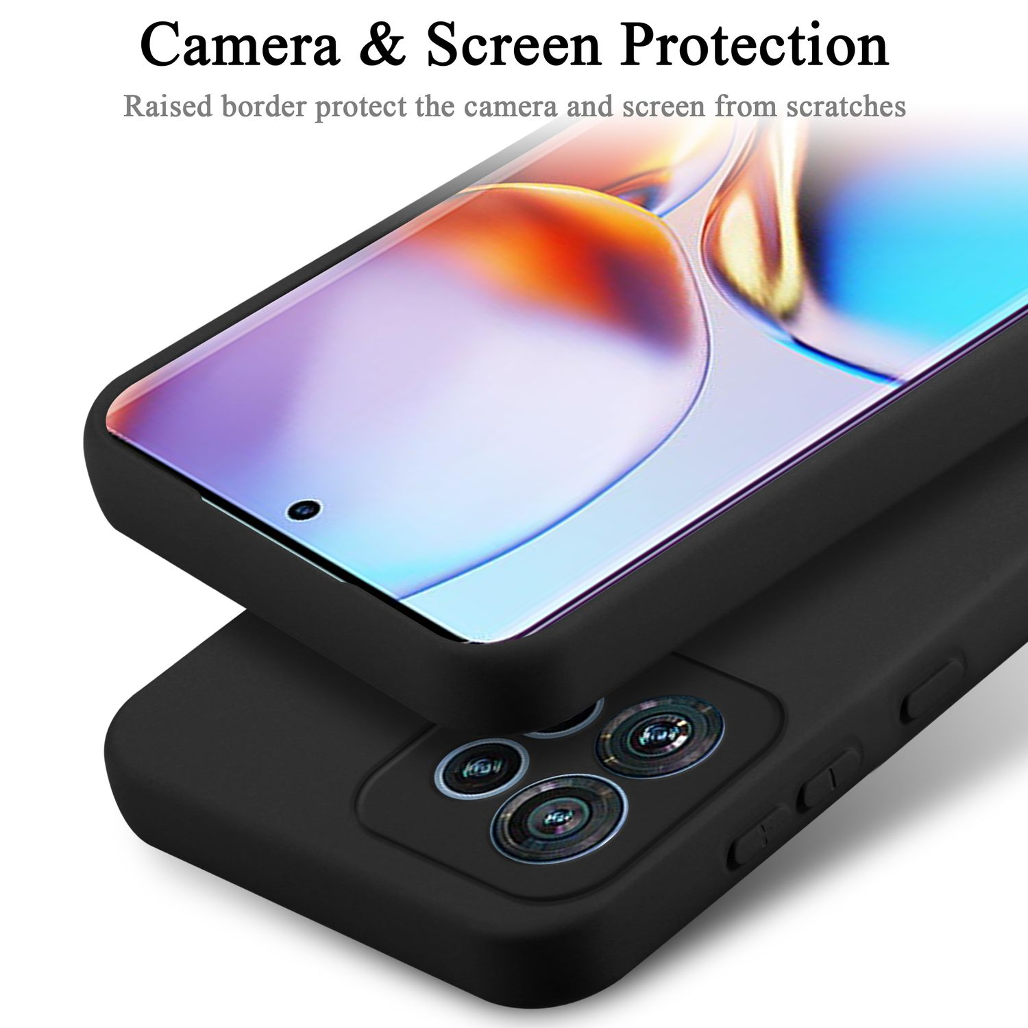 Custodia nera per telefono su telefono nero. Testo: Protezione fotocamera e schermo. Bordi rialzati.