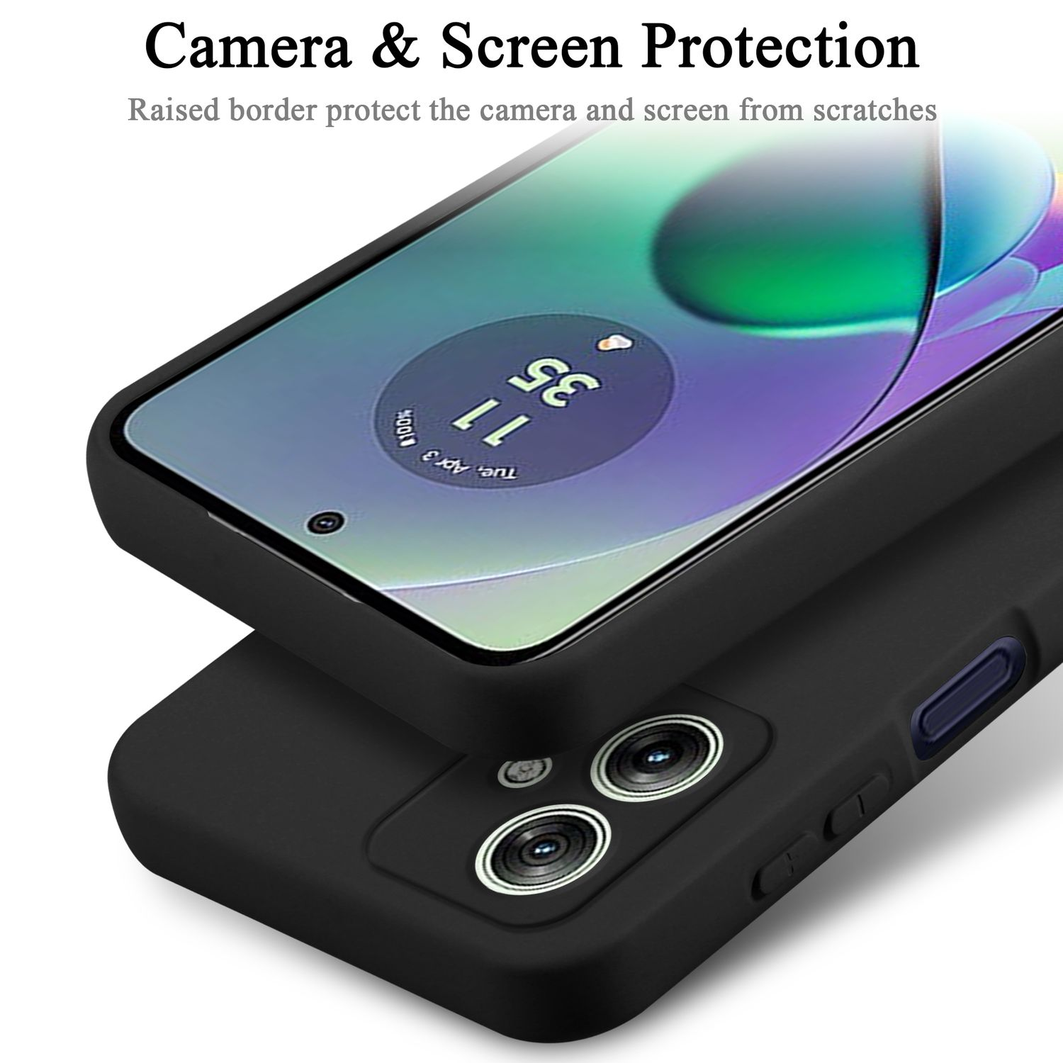 Una custodia per telefono nera con un telefono all'interno. La custodia ha un bordo rialzato per la protezione della fotocamera e dello schermo.