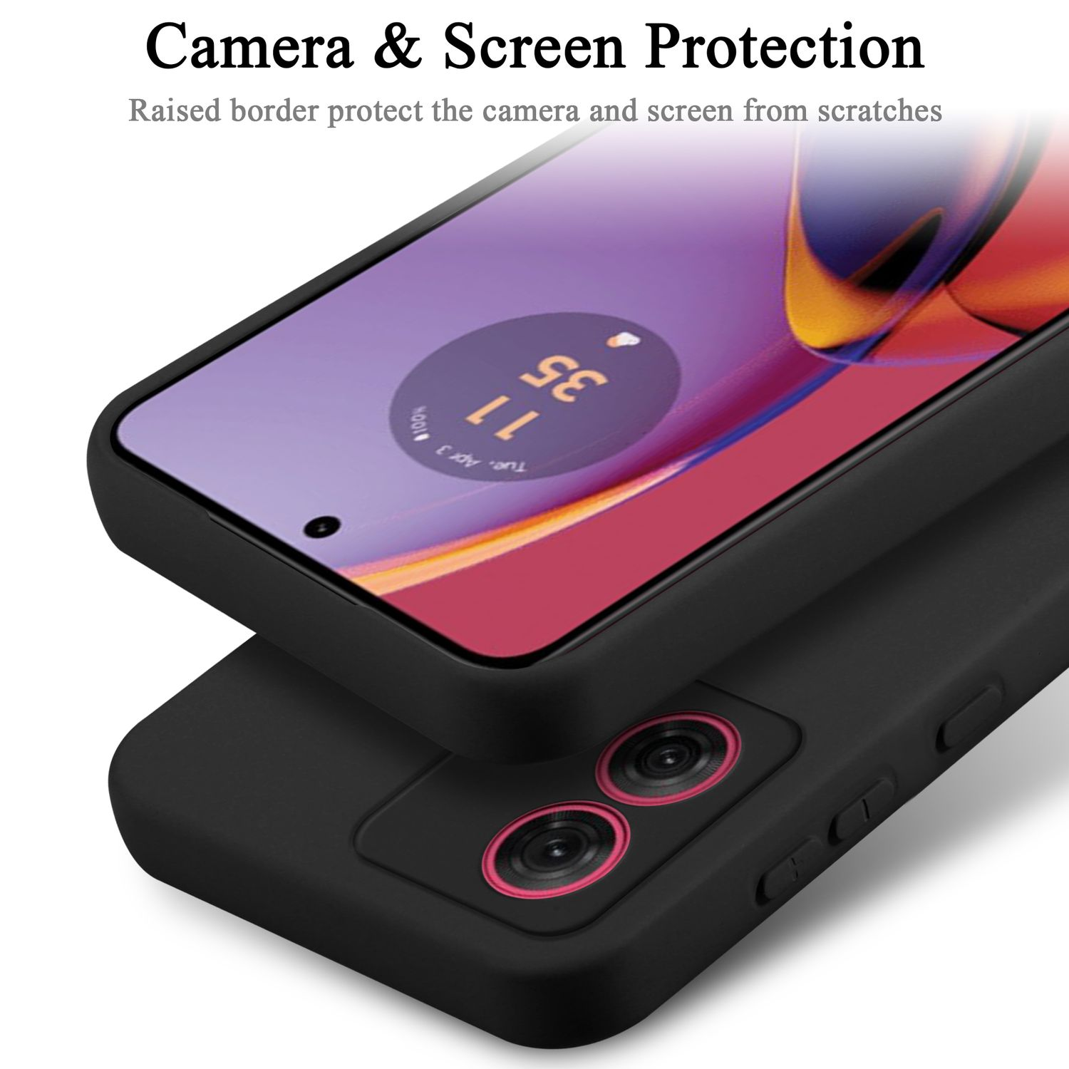 Schwarze Handyhülle mit Displayschutz. Die Hülle schützt das Telefon und den Bildschirm.