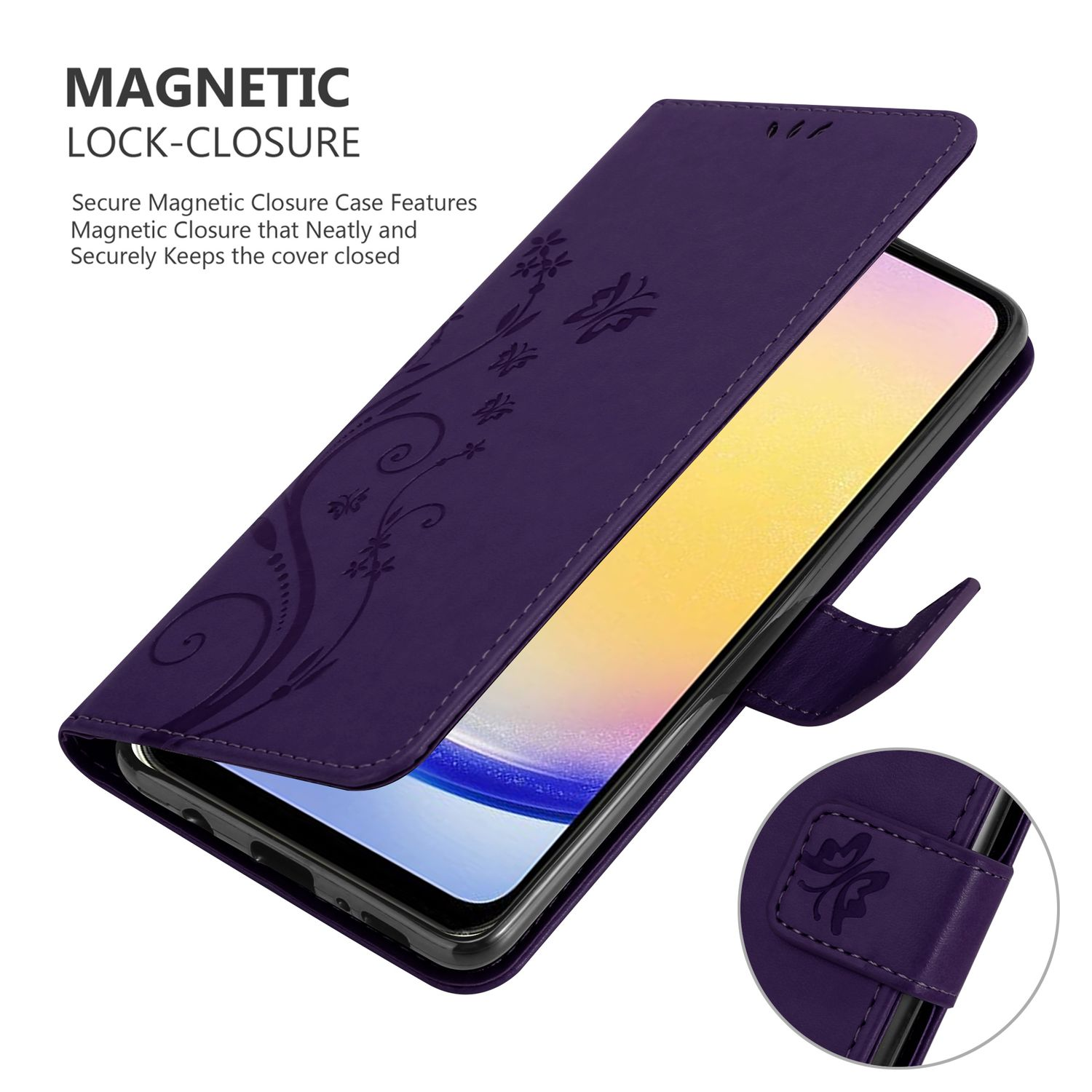 Una custodia viola per telefono è aperta, rivelando un telefono. Design floreale sulla cover con chiusura magnetica.