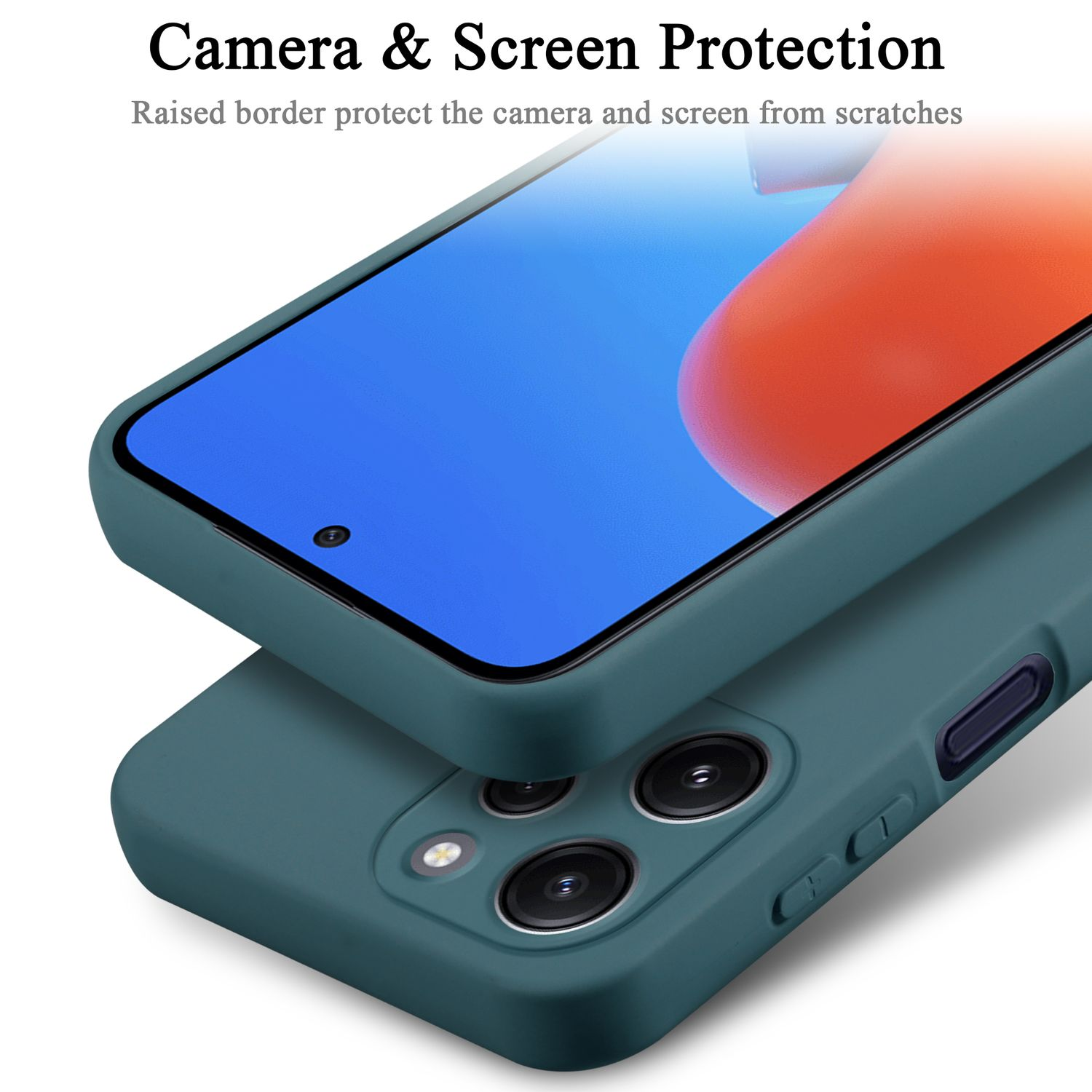 Due custodie per telefono, una verde acqua, una blu. Entrambe proteggono fotocamere e schermi. Testo: 'Protezione fotocamera e schermo'.