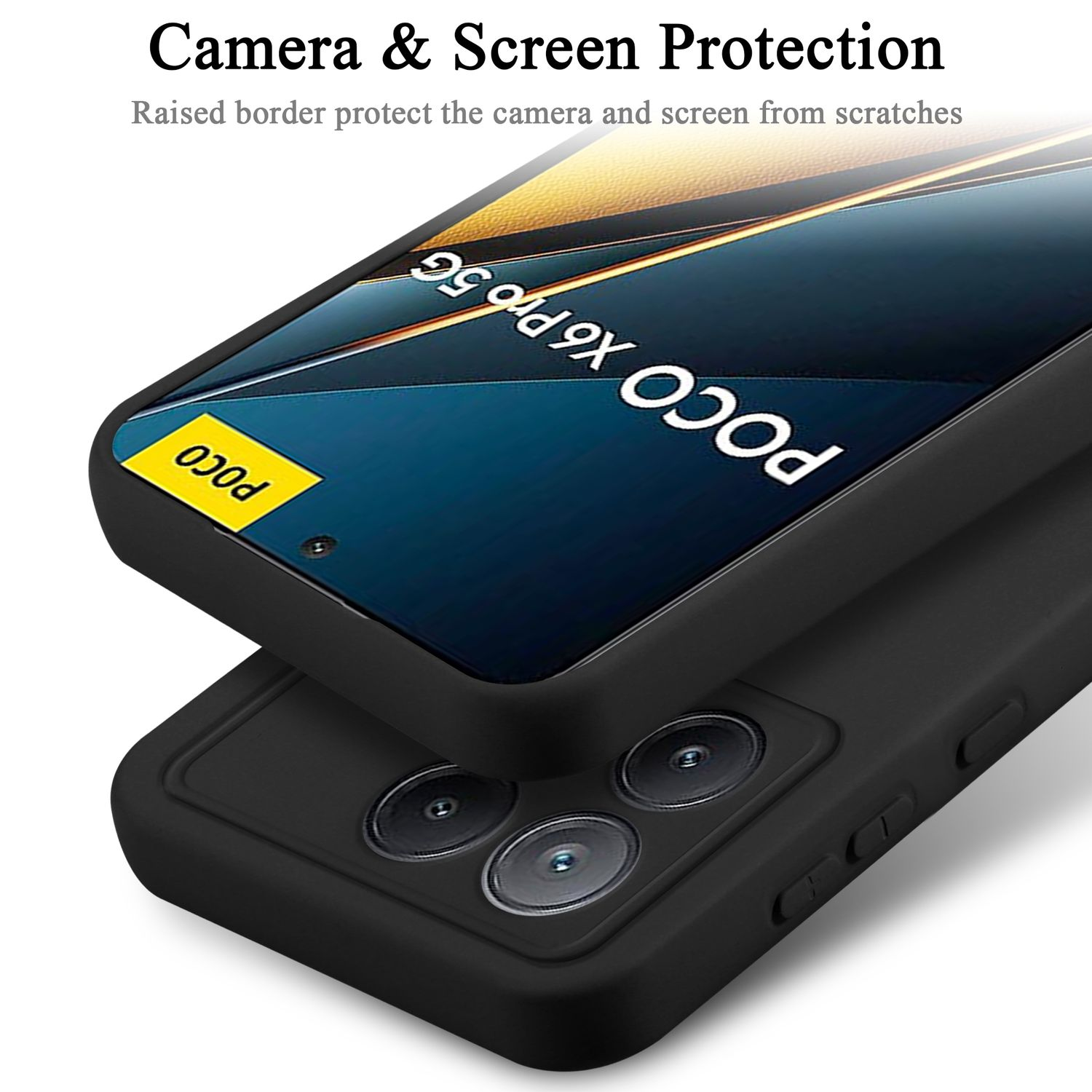 Primo piano di una custodia per telefono che protegge un telefono. Bordi rialzati proteggono fotocamera e schermo. Custodia nera.