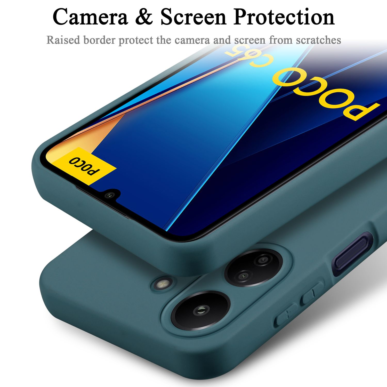 Una custodia per telefono verde acqua con un telefono POCO all'interno. La custodia offre protezione per fotocamera e schermo.