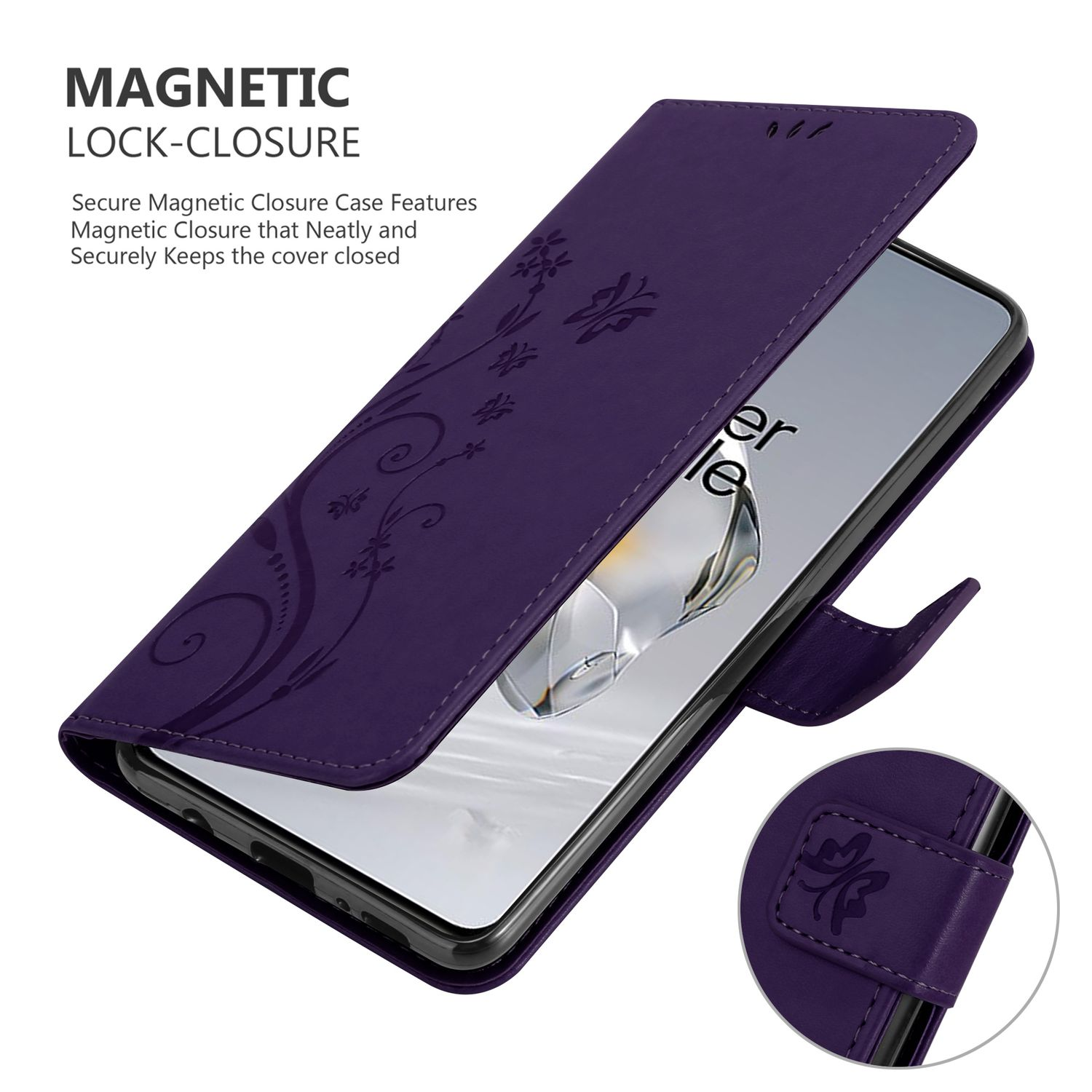Una custodia per telefono viola che si apre per rivelare un telefono. La custodia ha un design floreale e chiusura magnetica.