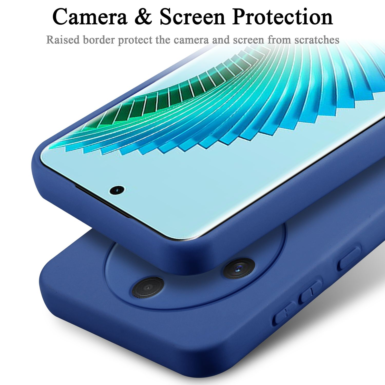 Una custodia blu per telefono protegge il telefono. La custodia ha bordi rialzati per fotocamera e schermo.