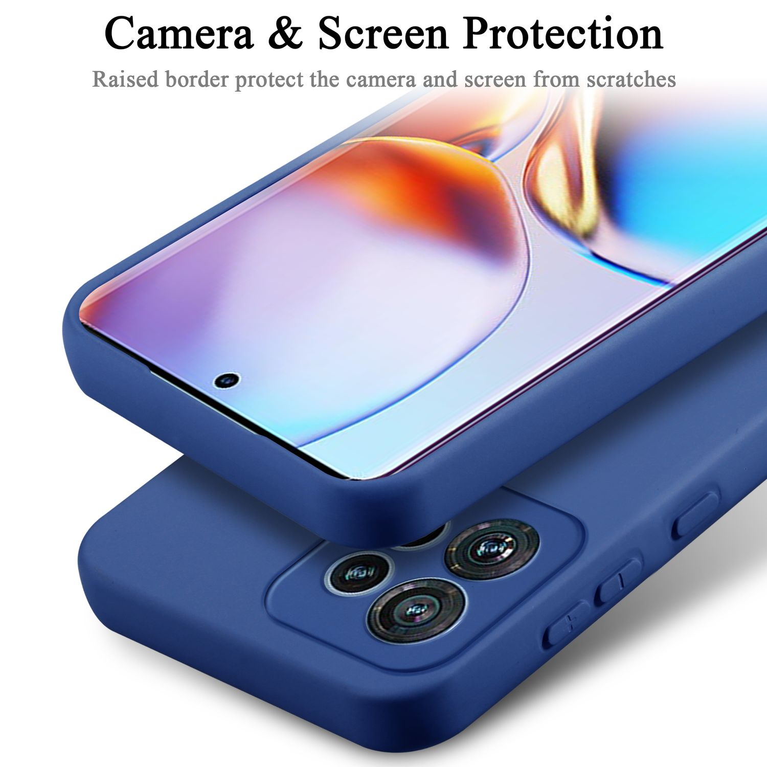 Due custodie per telefono, una verde acqua e una blu, sovrapposte. Le custodie proteggono la fotocamera.