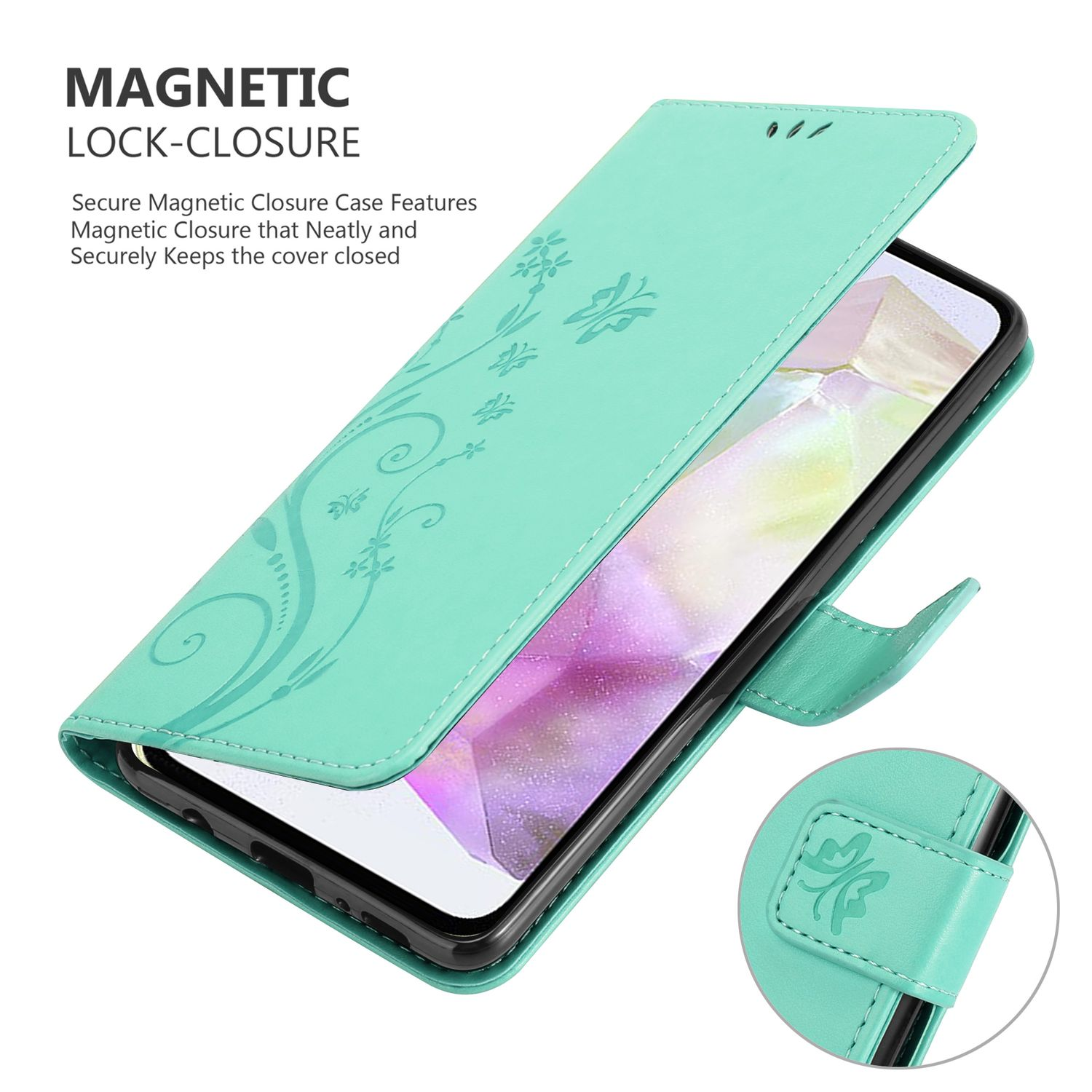 Una custodia per telefono verde acqua è aperta, rivelando un telefono. Ha disegni floreali e chiusura magnetica.