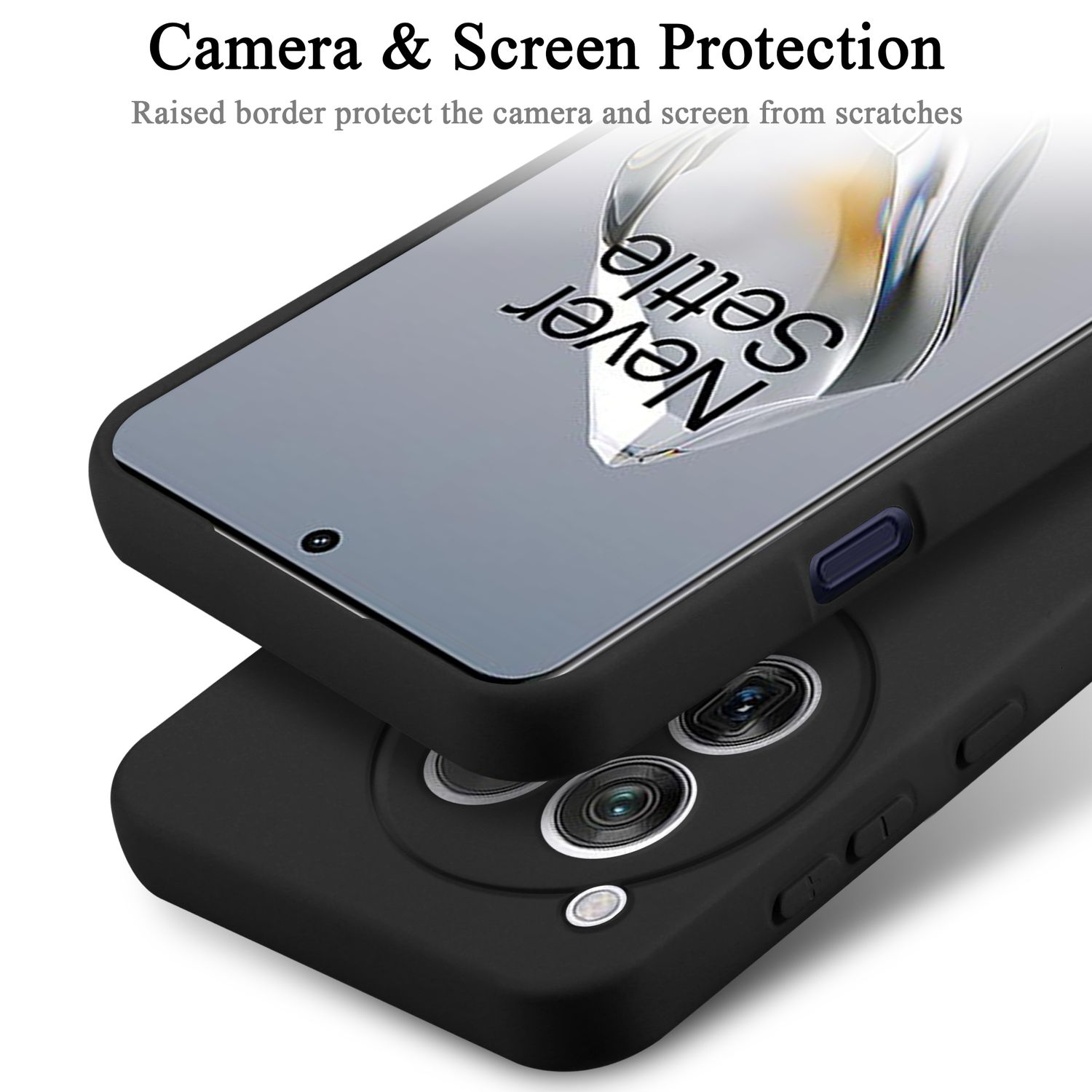 Custodia nera per telefono con protezione fotocamera.