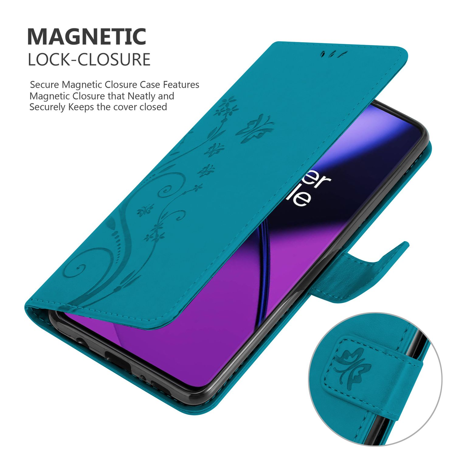 Custodia per telefono verde acqua aperta, mostra lo schermo. Decorata con un design floreale e chiusura magnetica.