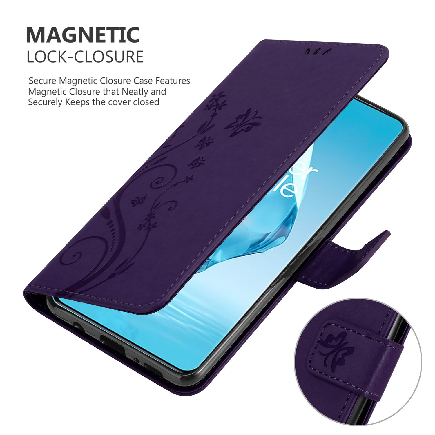 Una custodia per telefono viola con un design floreale. La custodia è aperta, rivelando uno smartphone all'interno.