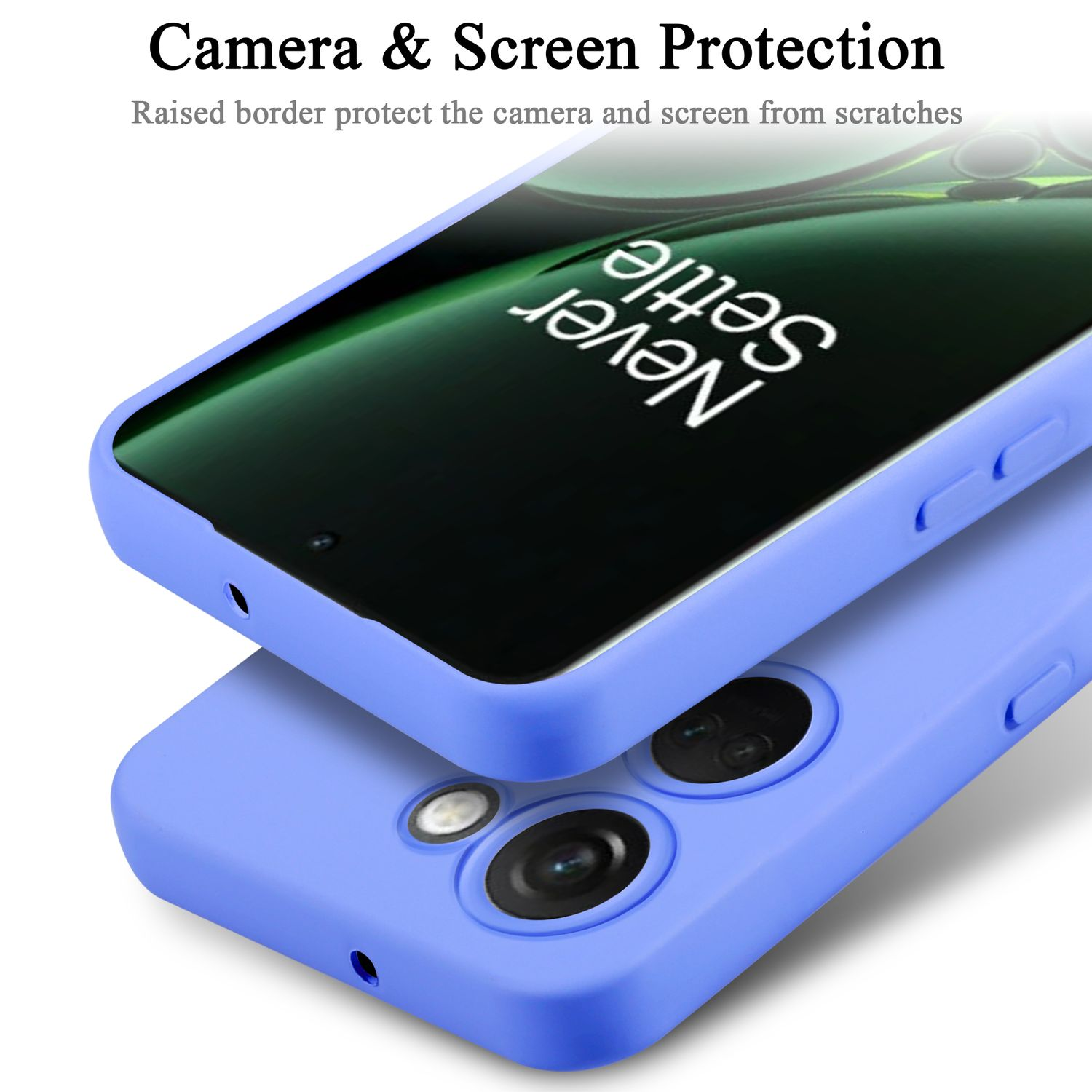 Due custodie blu per telefono impilate, che mostrano le funzioni di protezione della fotocamera e dello schermo.