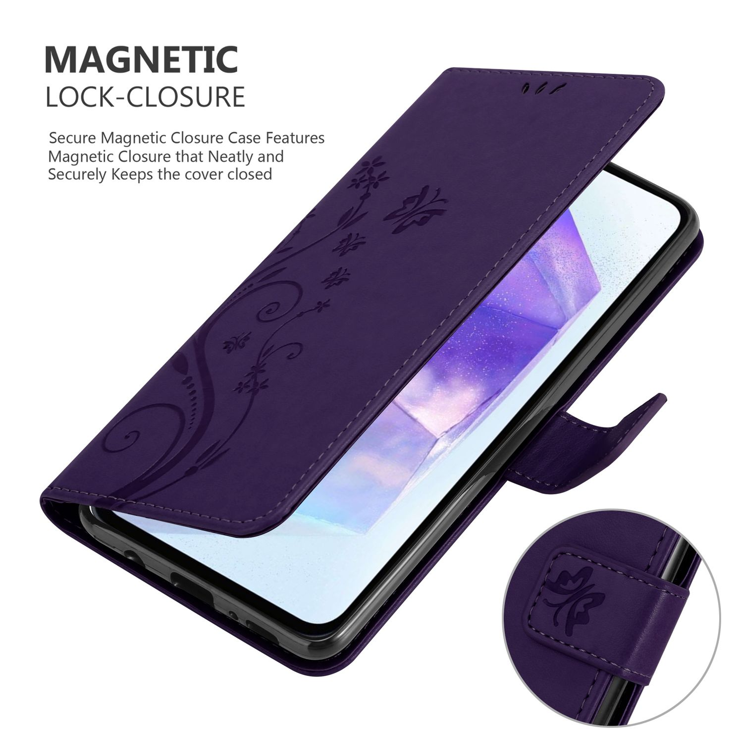 Una custodia viola con un design floreale si apre per rivelare un telefono, con chiusura magnetica.