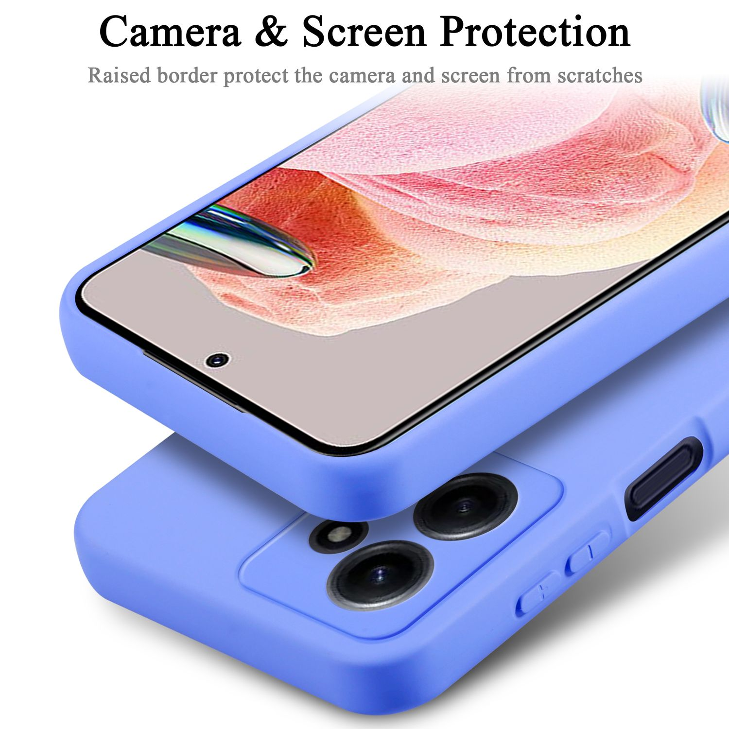 Due telefoni insieme, coperti da una custodia, il bordo rialzato protegge le fotocamere e lo schermo.