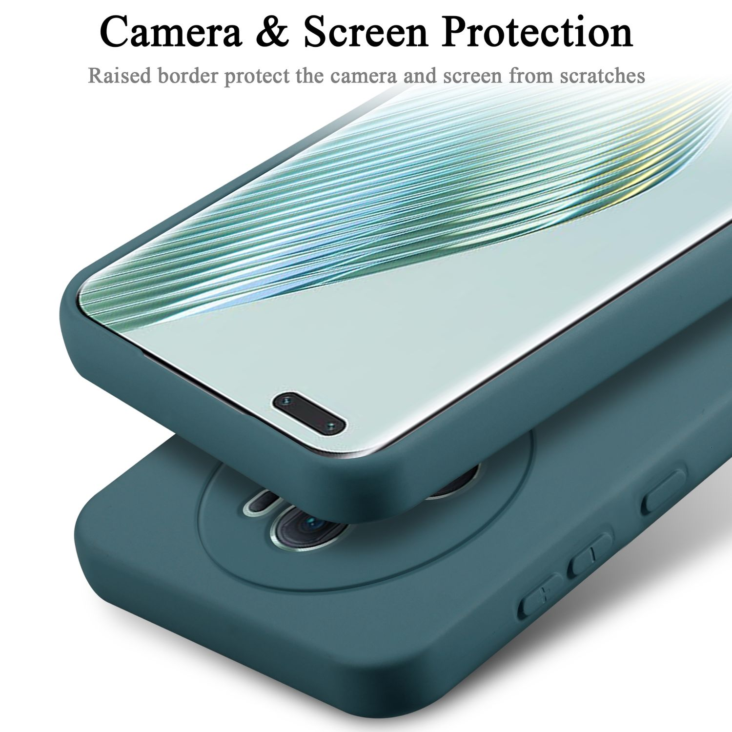 Custodia per telefono verde acqua con bordo rialzato. La custodia protegge la fotocamera e lo schermo dai graffi, in primo piano.