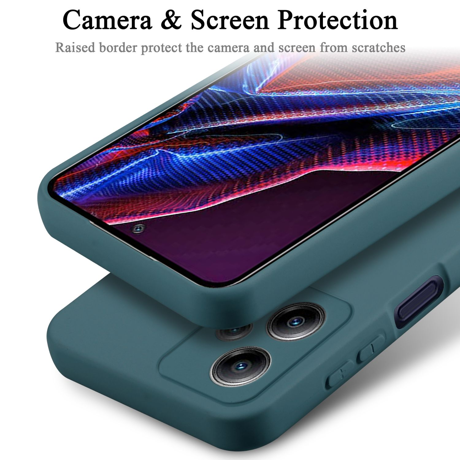 Custodia teal sul telefono. Protezione della fotocamera e dello schermo.