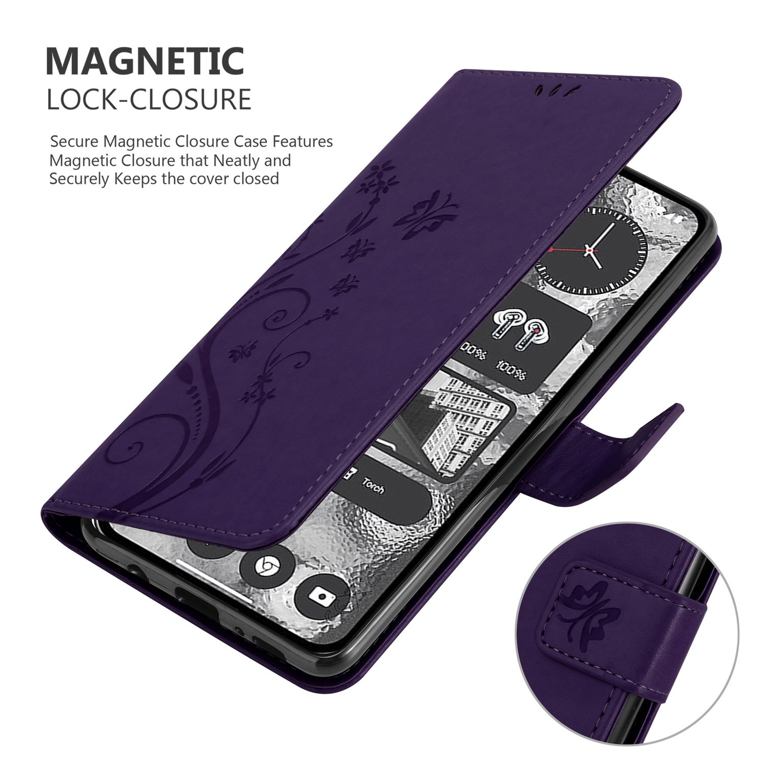 Custodia per telefono viola, aperta, mostra schermo, design floreale, chiusura magnetica.